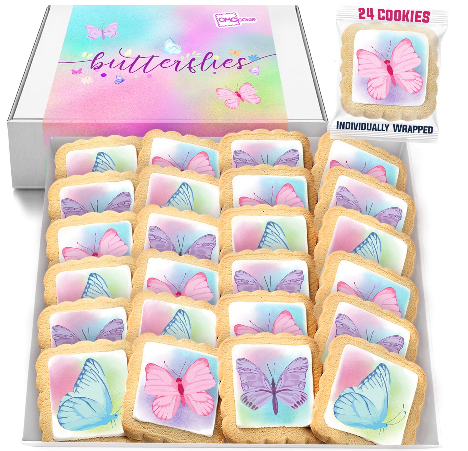 Butterfly Cookies 24 Pack Party Favors Basket Stuffers Decorated | INDIVIDUALLY WRAPPED Butterflies Sugar Cookies | Gift Basket Peanut & Nut Free Bulk | Spring Cookie