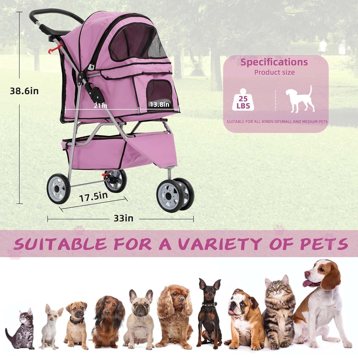 Pet Stroller for Small Dogs & Cats Doggy Puppy Cat Strollers 30 lbs Animal Jogger Folding with 360 Rotating Front Wheel Travel Carriages Cart, 34(L)* 17.5(W)*39(H) inches, Pink