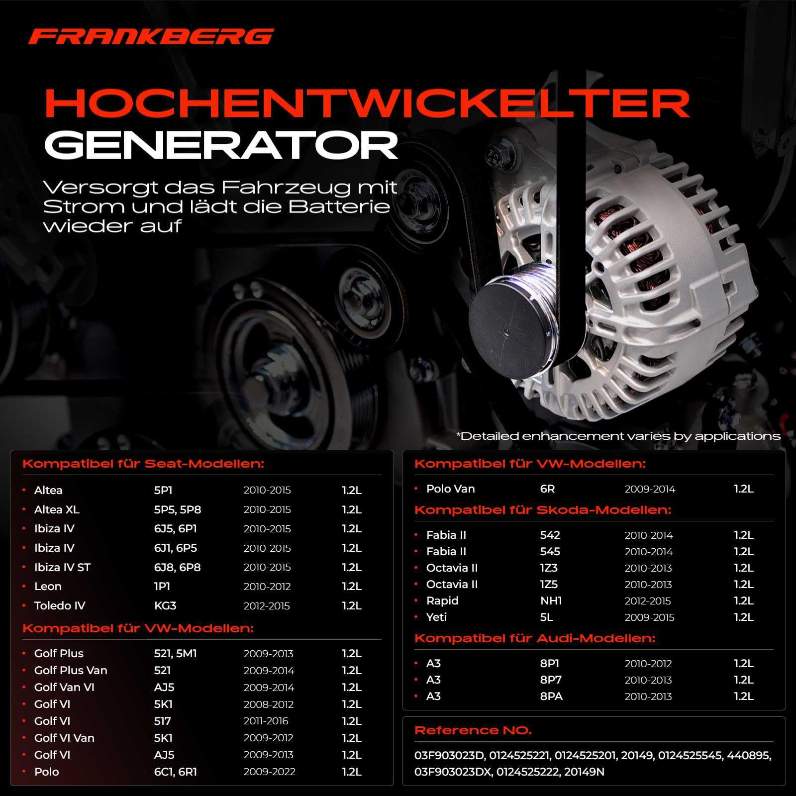 Frankberg Lichtmaschine Generator 2-Polig Kompatibel mit A3 8P1 1.2L 2010-2012 Golf VI 5K1 1.2L 2008-2012 Altea XL 5P5 5P8 1.2L 2010-2024 Ibiza IV 6J5 6P1 1.2L 2010-2015 Replace# 03F903023DX