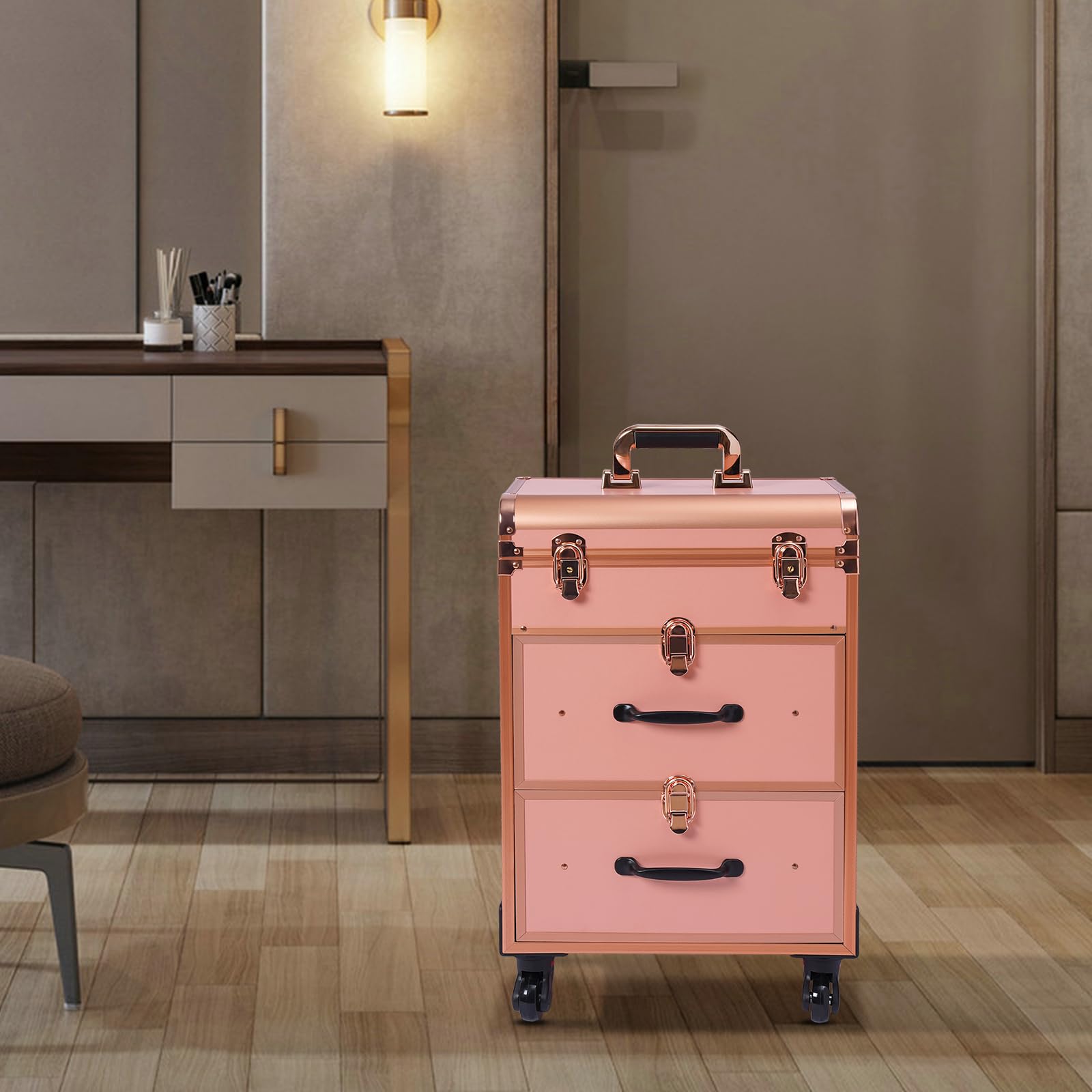 Rolling Make-up Case, Großer Kosmetik-Trolley mit Schlössern, Make-up-Tasche mit Teilern, Kosmetik-Aufbewahrungsorganisator für On The Go Make-up/Nail Art/Hairstyling für professionelle Make-up-Kü