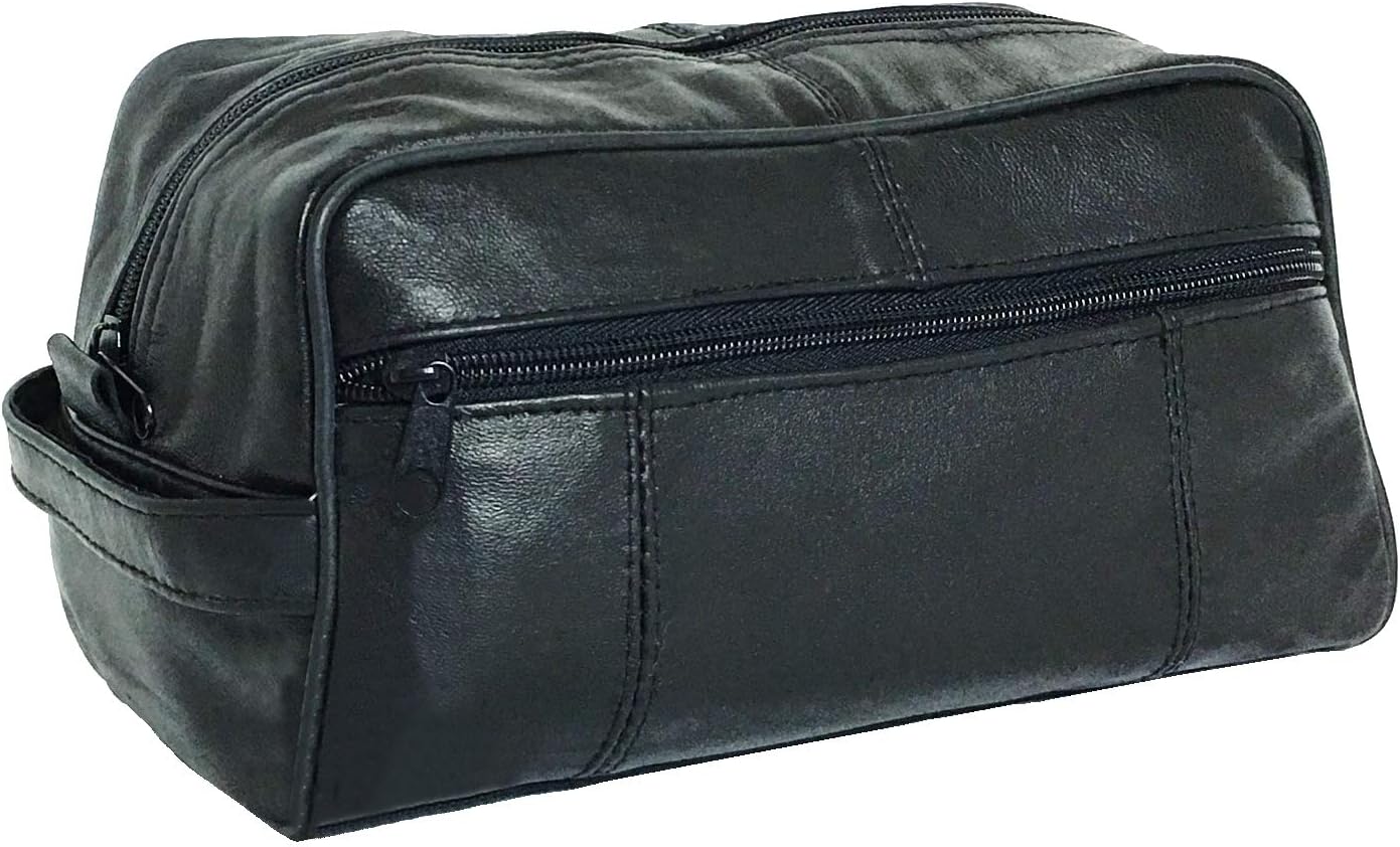 Mens Black Leather Toiletry Bag, Genuine Leather Dopp Kit for Travel 5.5 by 9.5 inches