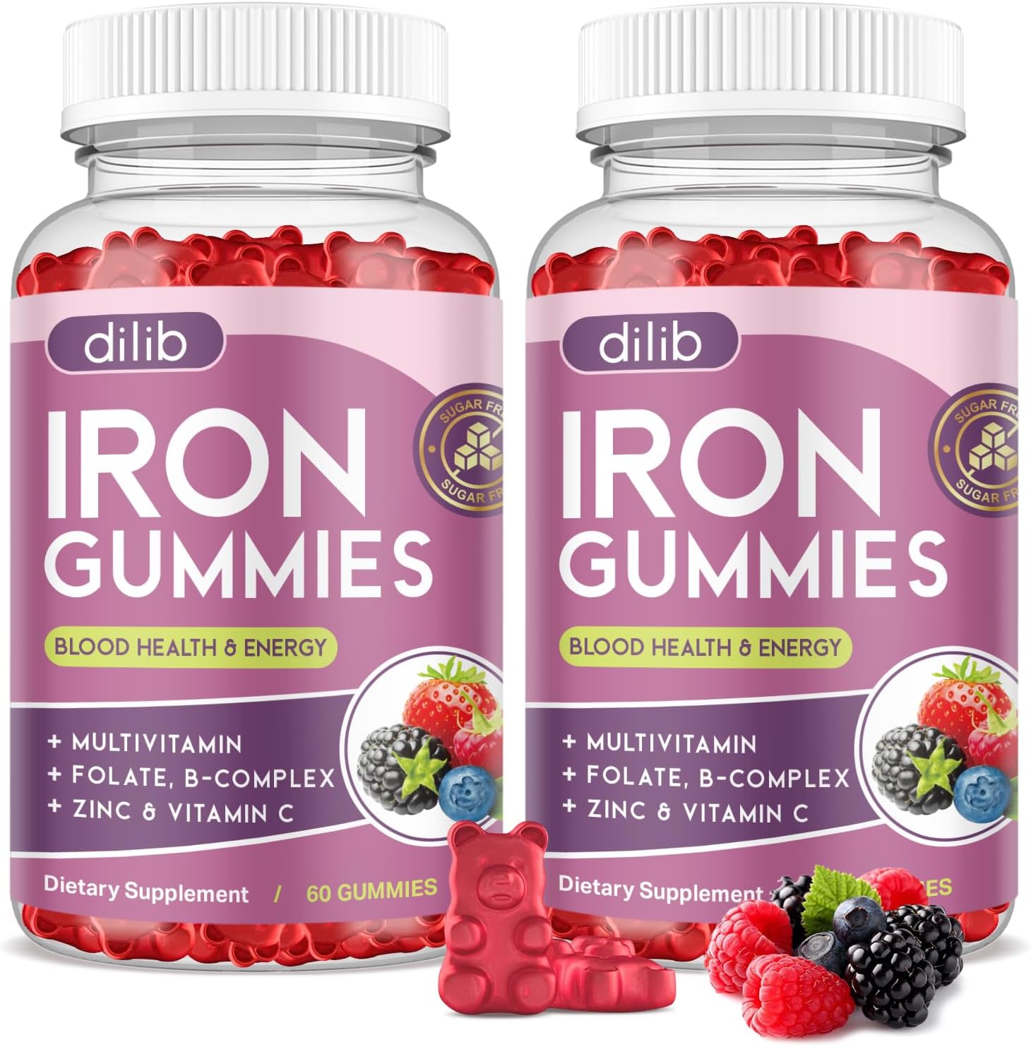 Iron Gummies with Multivitamin, Iron Supplement for Women & Men, Kids Multivitamin with Iron, Zinc, Vitamin B Complex & C, B12, Folate – Blood Builder, Energy Support, Peach Flavor, Vegan 120 Gummies