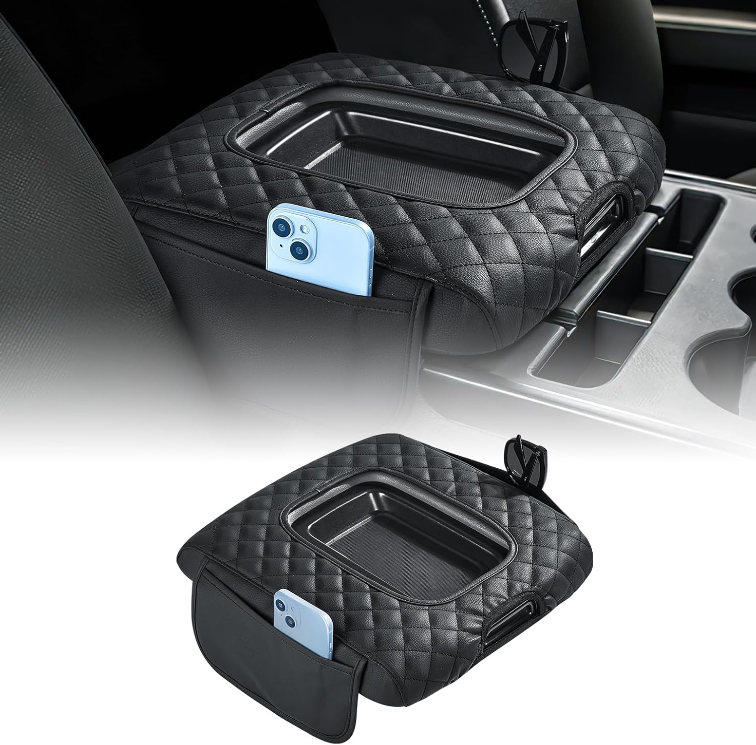 JOYTUTUS Center Console Cover Compatible with Silverado Sierra 2014-2018 Jump Seat, Leather Arm Rest Armrest Cover for Car, Durable Middle Console Cover Replacement for Trucks, with 2 Pocket