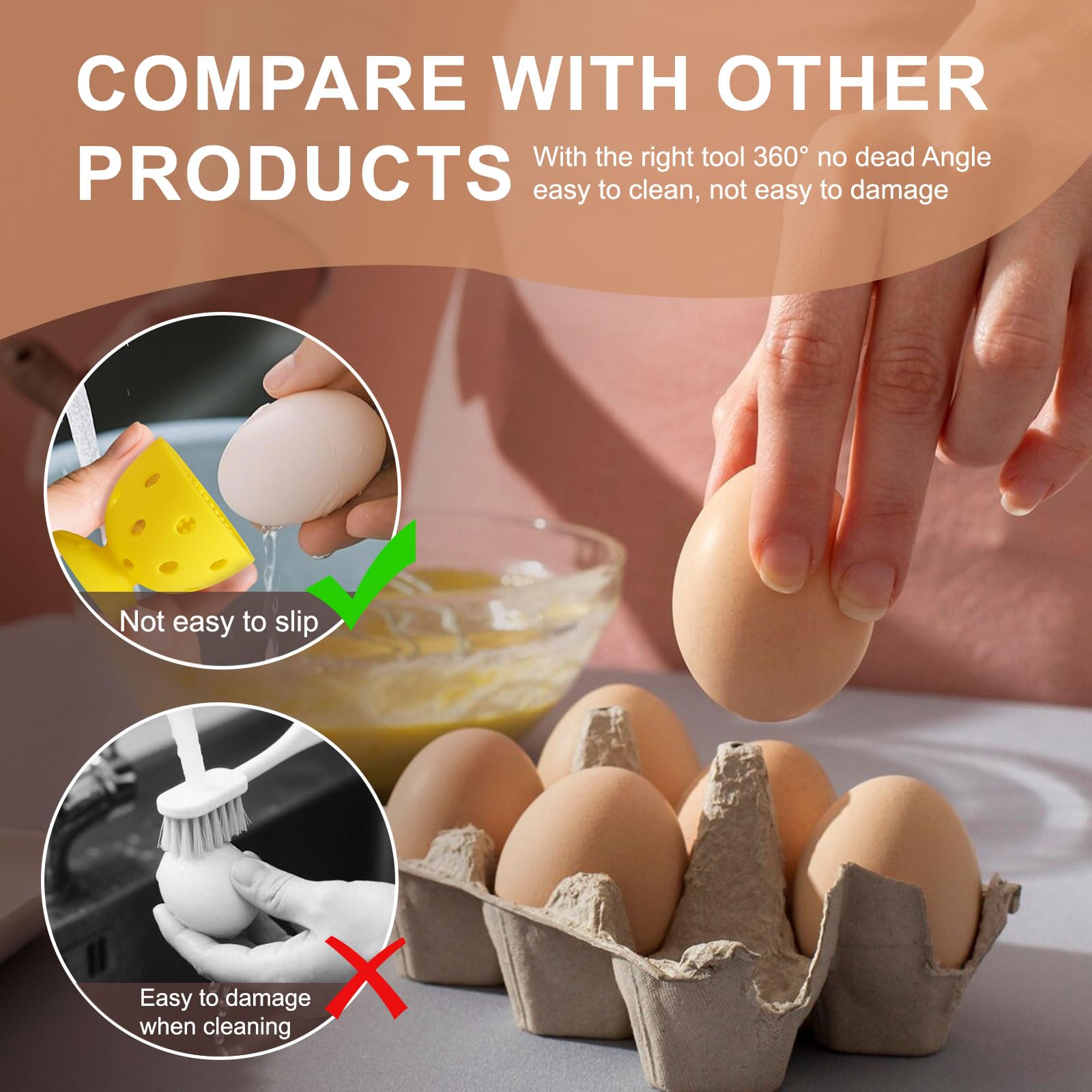 4PCS Silicone Egg Wash Brush and Cleaner, Reusable Scrubber for Fresh Eggs Vegetables Fruits, Soft Rotating Egg Cleaning Tool Reusable Chicken Design (White+ Yellow)