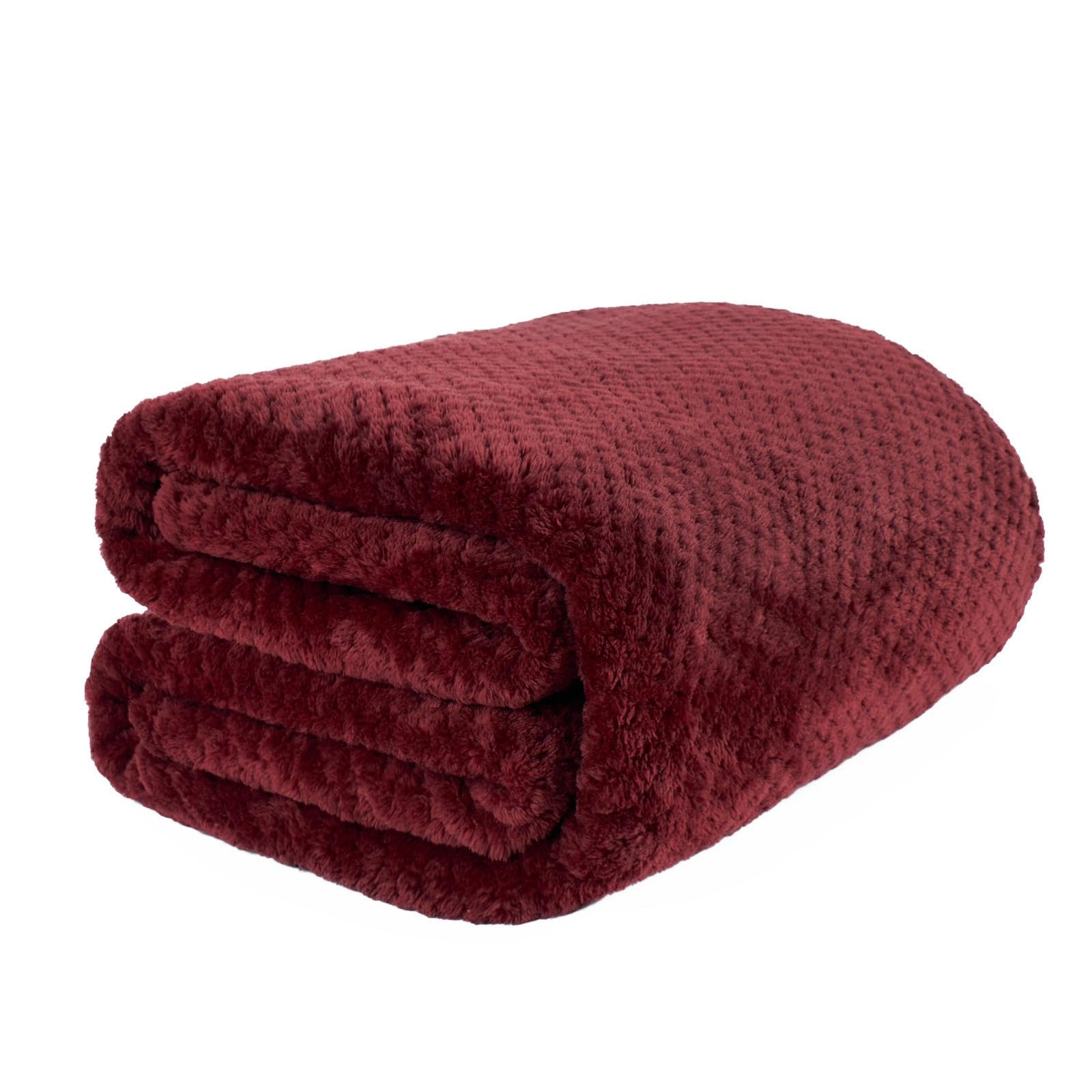 Dreamscene Throws for Sofas Fleece Blanket, Soft Cosy Warm Honeycomb Waffle Mink Fleece Throw Over Bed Settee Fluffy Faux Fur Blanket Bed Throw King Size Burgundy Throw, 200 x 240cm