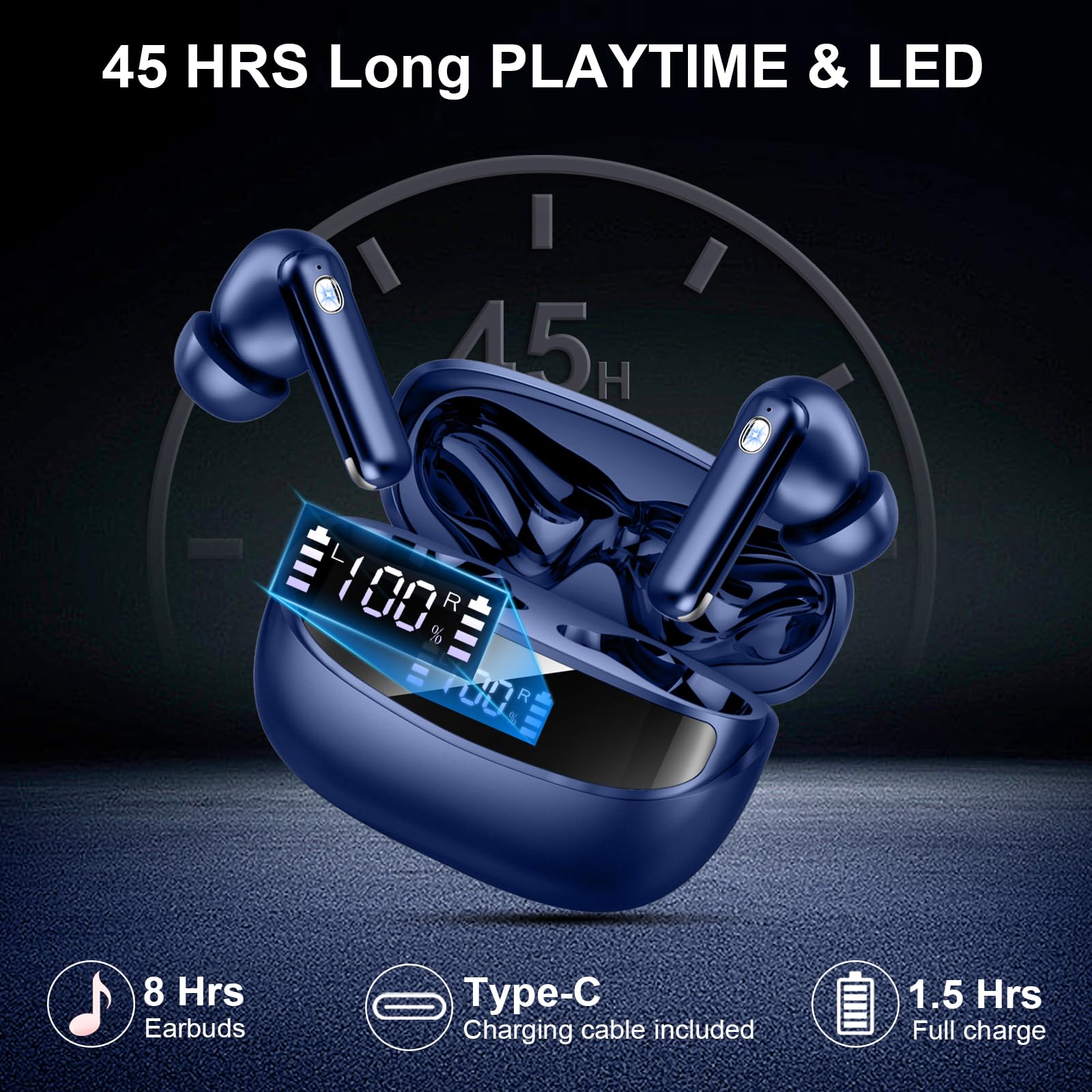 Nerunsa Cuffie Bluetooth, senza fili, Bluetooth, 47 ore, tempo di riproduzione in orecchio, con 4 micron, impermeabili senza fili