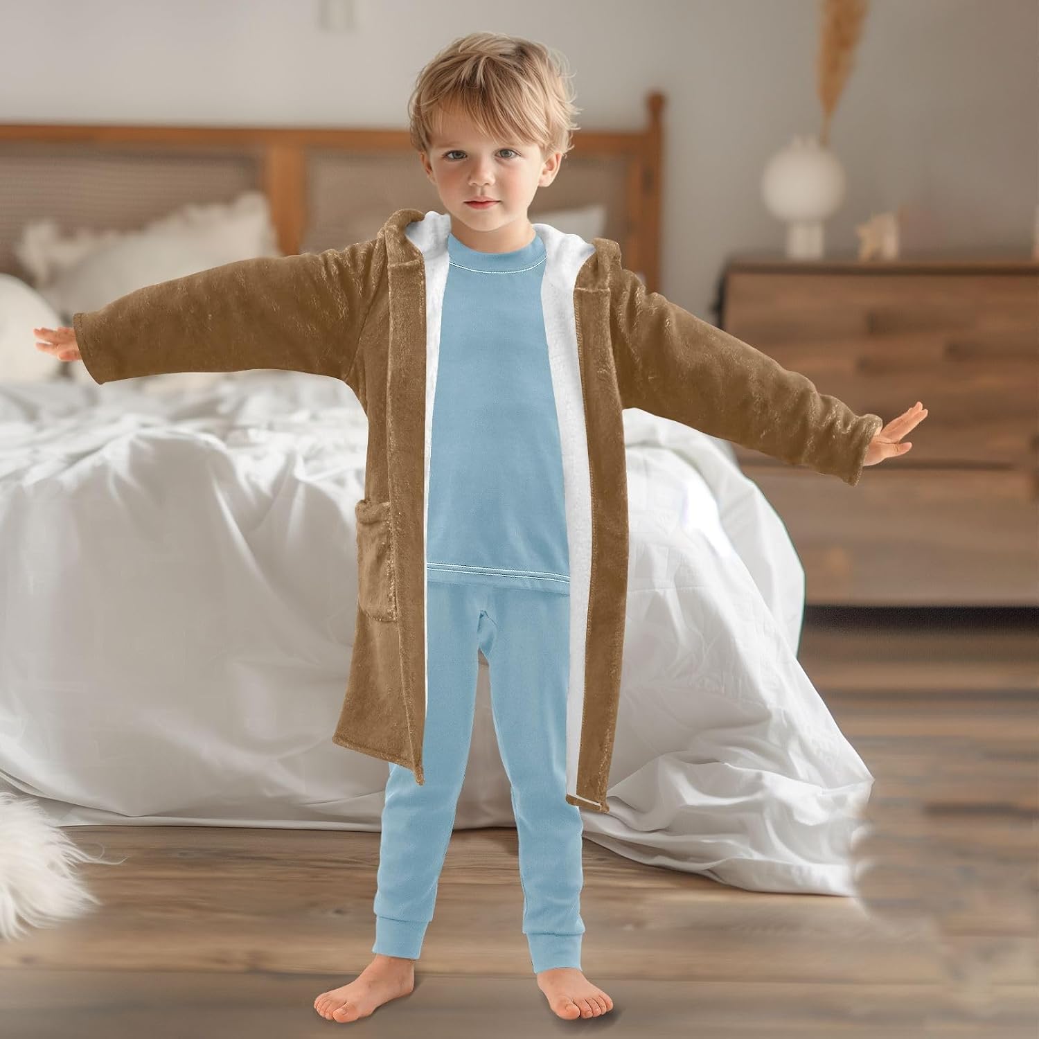 ODAWA Sepia Kids Bathrobe, Ultra Soft Plush Hooded Robe for Boys Girls, Quick Dry Absorbent, Bath Beach Pool Towel Wrap