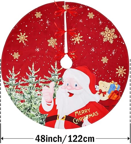 Miniatura 20 de Falda de árbol de Navidad de 48 pulgadas, falda roja de árbol de Navidad de felpa suave con lindas faldas de árbol de Navidad de reno blanco de Papá