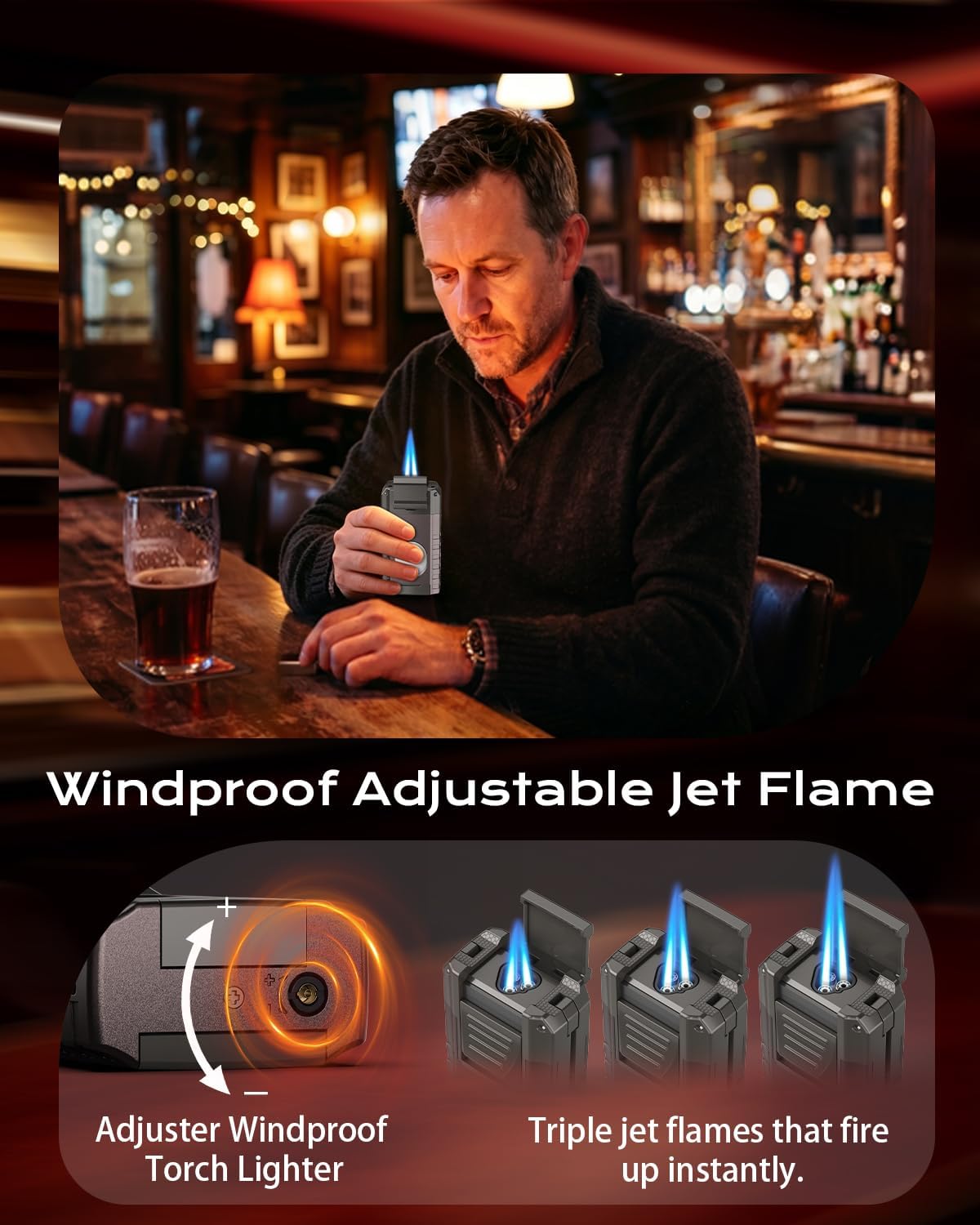 6-in-1 Torch Lighter with Triple Flame, Built-in V & Straight Tool, Punch, Holder, Draw Enhancer, Windproof & Refillable Butane Torch Lighters, Cool Lighters with Gift Box for Men, Candle, Outdoors