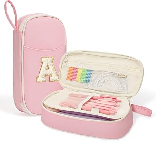 SUNEE Cute Pencil Case, Kawaii Big Capacity Pencil Pouch, Personalized Initial Pencil Bag with Zipper, Stationery Storage and Organizer, Back to School Supplies, Pen Box for Girls & Boys, Teen, A-Pink