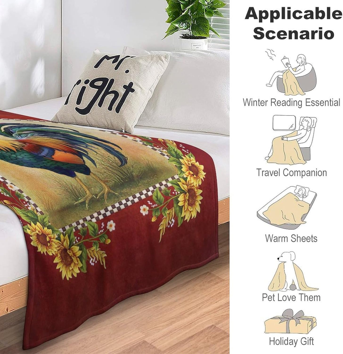 Rooster Blanket Chicken Sunflower Farm Country Animal Red Print Throw Blankets for Couch Sofa Bed Stuff Decor Soft Cozy Fleece Plush Flannel Bedding Gifts for Baby Kids Adults Lover Men Women 40"x50" - Image 4