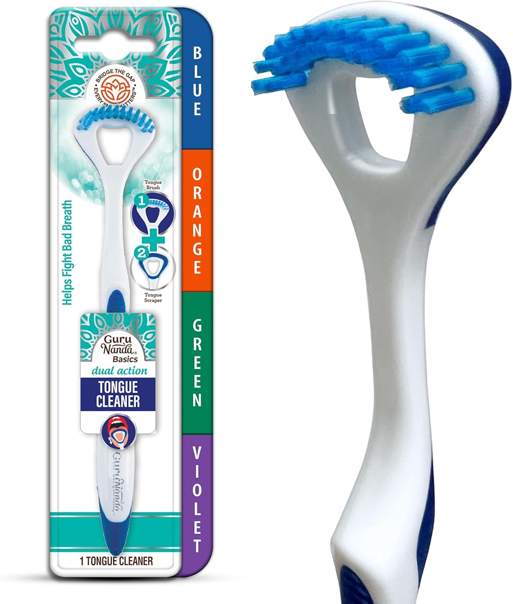 GuruNanda Dual Action Tongue Scraper (1 Pack), 2-in-1 Tongue Scraper & Soft Bristled Brush, Deep Cleans & Fights Bad Breath - Color Varies