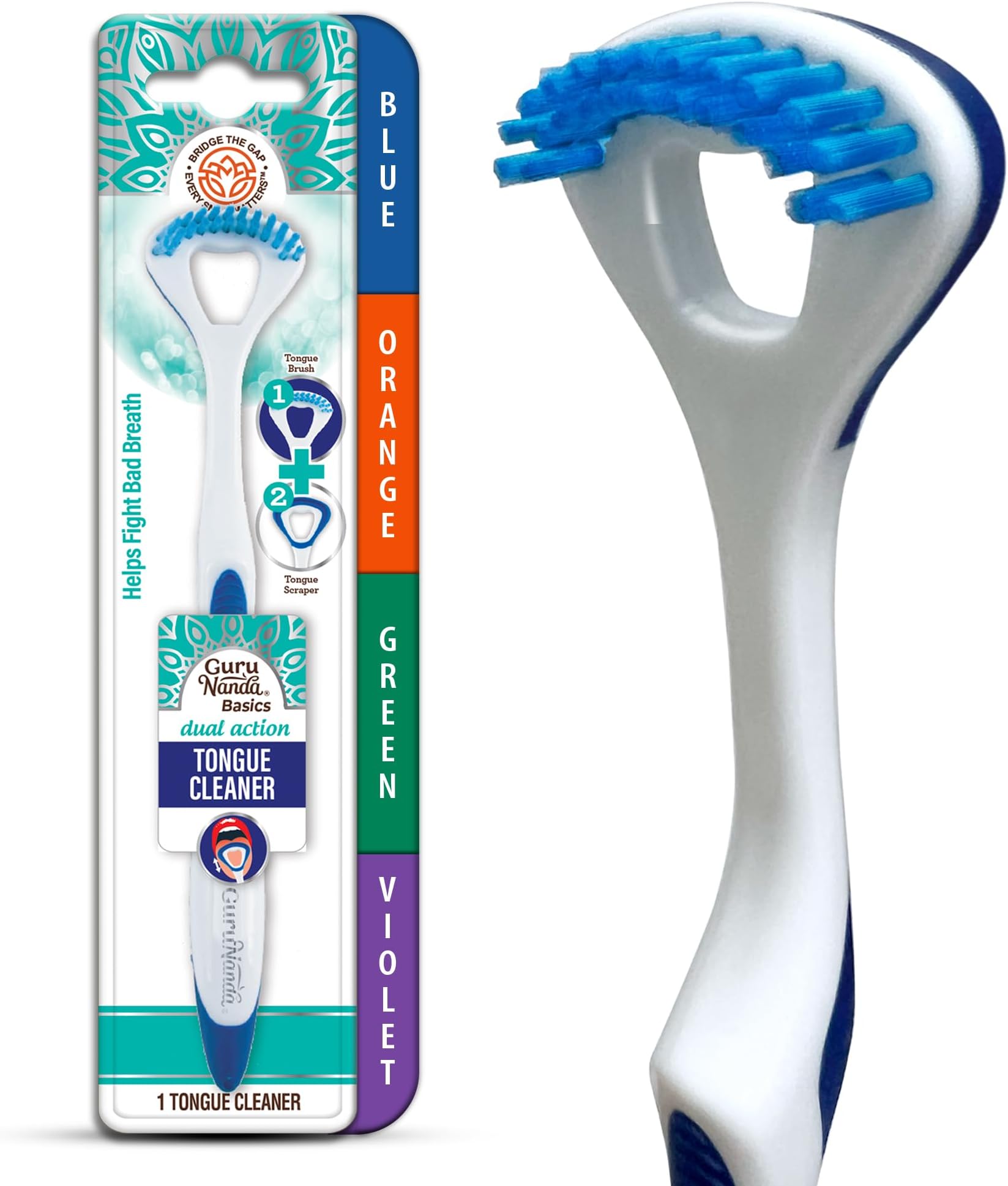GuruNanda Dual Action Tongue Scraper (1 Pack), 2-in-1 Tongue Scraper & Soft Bristled Brush, Deep Cleans & Fights Bad Breath - Color Varies