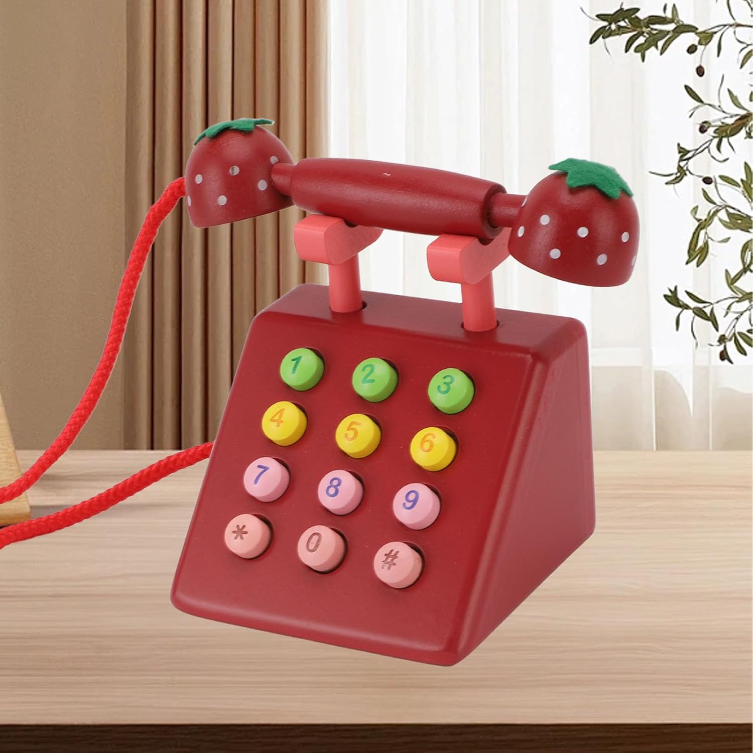 Wooden Telephone Decorative High Simulation Toy for Kids Beech Wood Desk Phone Model for Creative Play Home Office Cafe (Red)