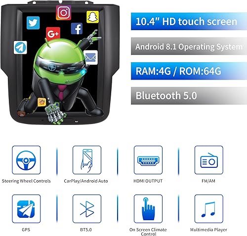 Miniatura 4 de LINKSWELL Gen IV - Radio de coche para Dodge RAM 2014-2018 Camiones 1500 2500 3500 Android Car Stereo Upgrade T-Style 10.4 pulgadas Pantalla táctil