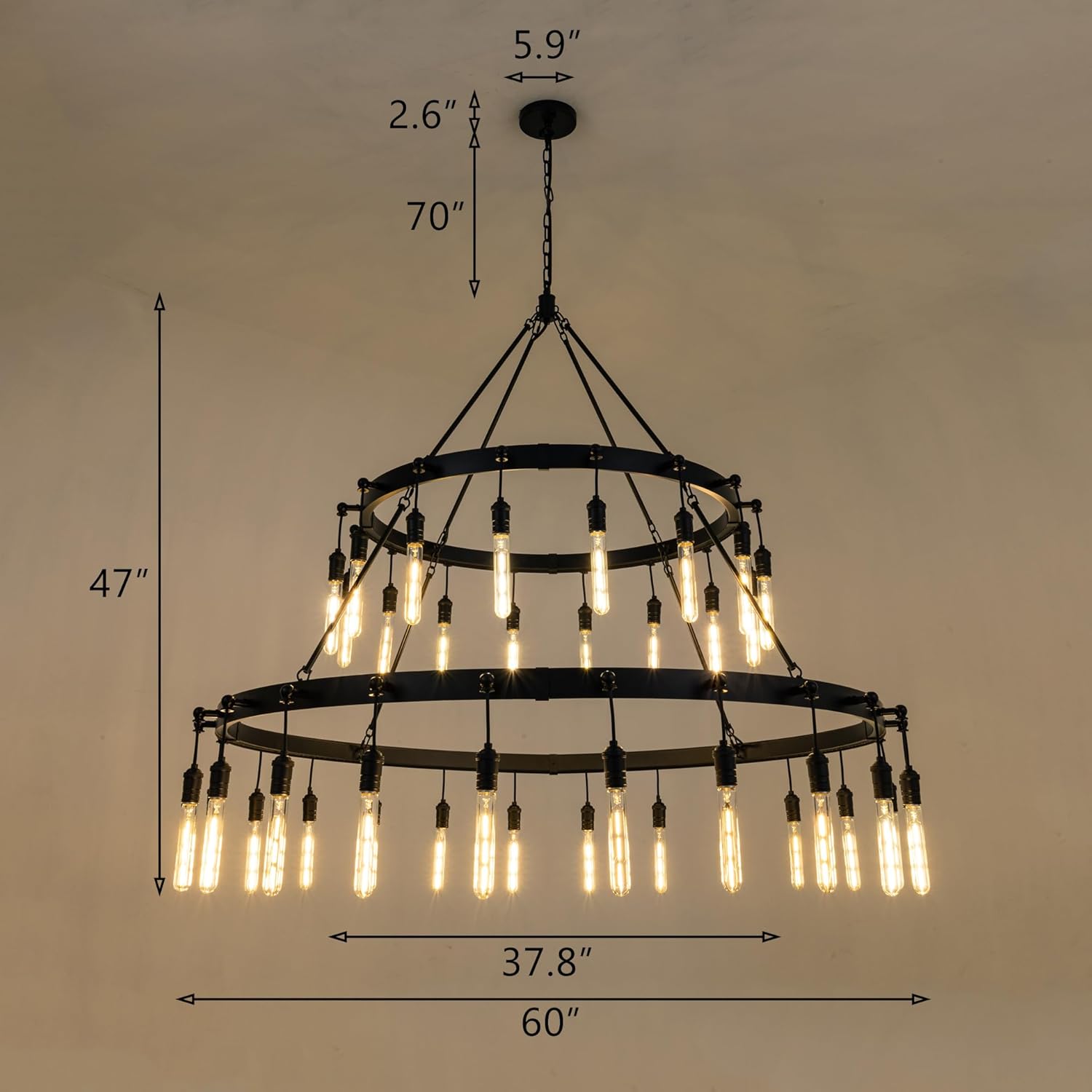 TOCHIC Black Chandelier Light Fixture, 60" W Farmhouse Round Wagon Wheel Chandelier for High Ceiling Dining Living Room, 40 Lights Vintage Industrial Large Hanging Chandelier for Foyer Kitchen lsland