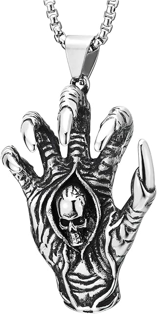 COOLSTEELANDBEYOND Gothic Steel Mens Vintage Skeleton Hand Spiked Claw Nail Skull Pendant Necklace, 30 in Wheat Chain