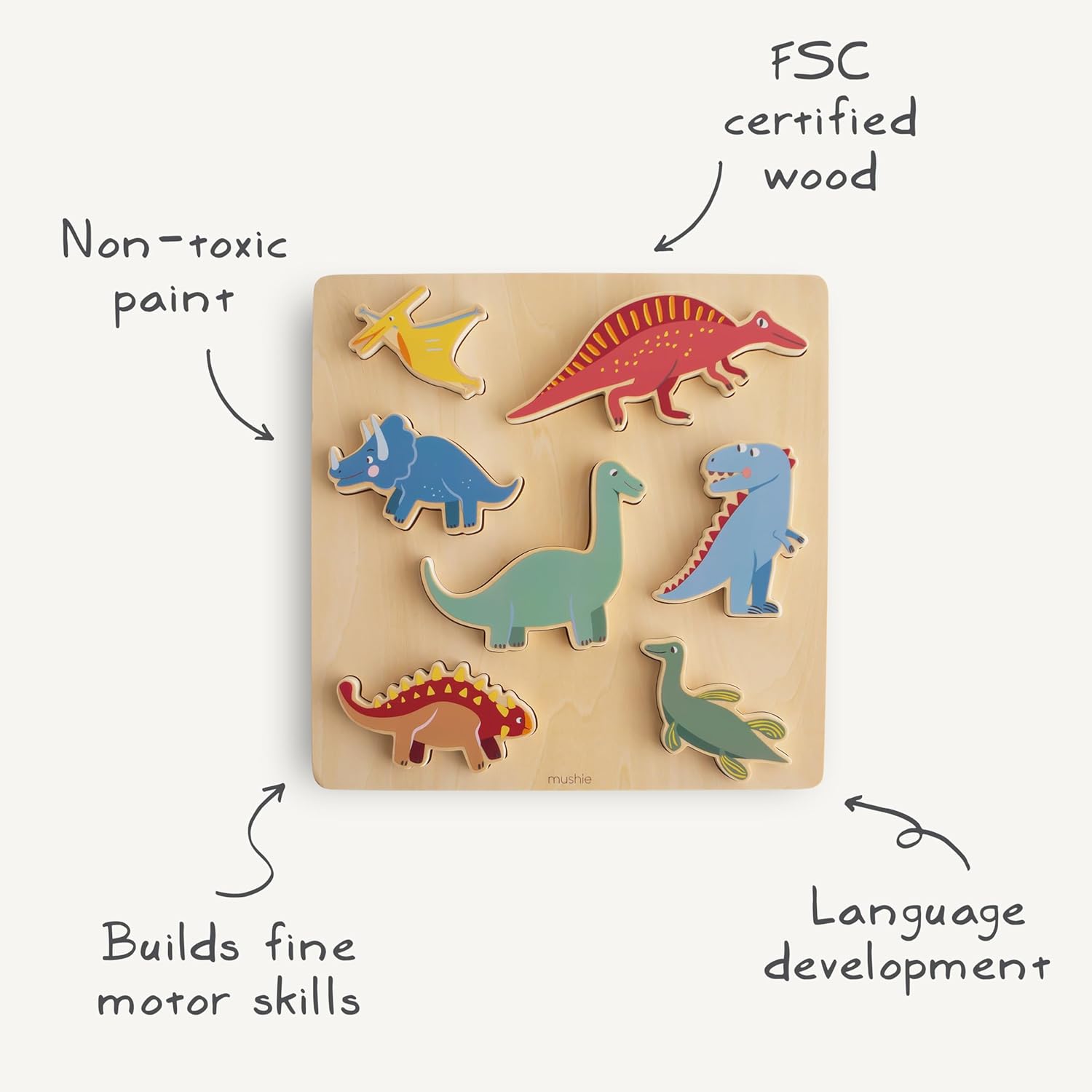 mushie Wooden Dino Puzzle | for Kids 3 Years+ | Preschool Educational & Toddler Montessori Toys (7 pcs)