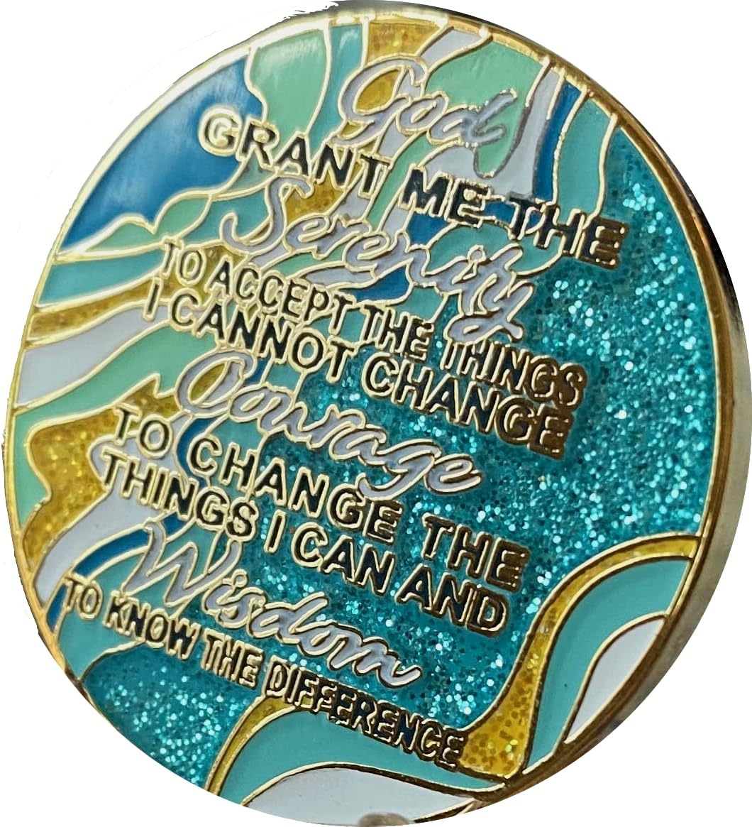 12 Year AA Medallion Elegant Marble Caribbean Aqua Glitter Blue Gold Plated Chip XII