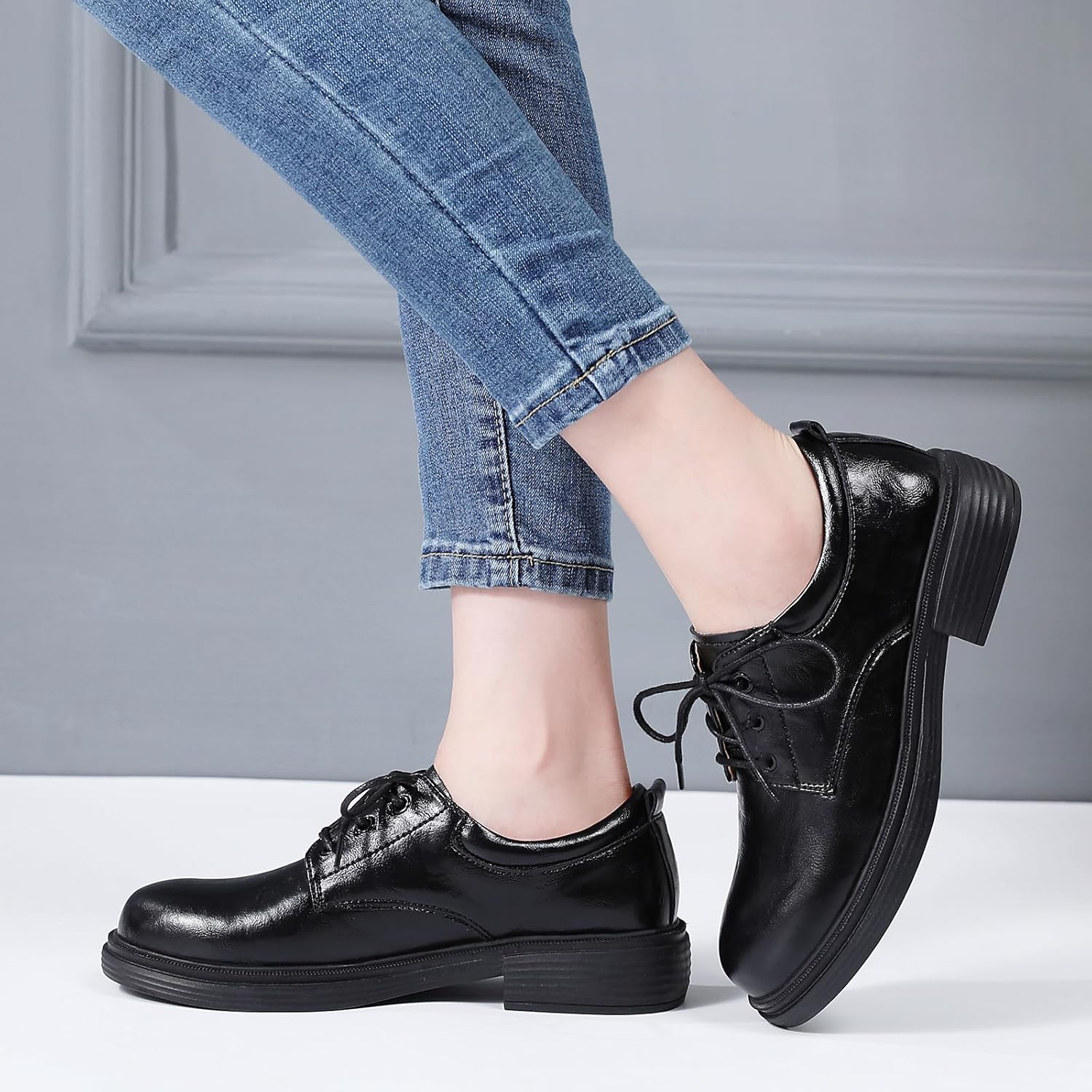 OKJ Oxford Shoes for Women Black Tie Women's Oxfords Shiny Leather Comfortable Slip on Lace up Ladies Loafers Business Casual Dress Work Office Shoes - Image 2