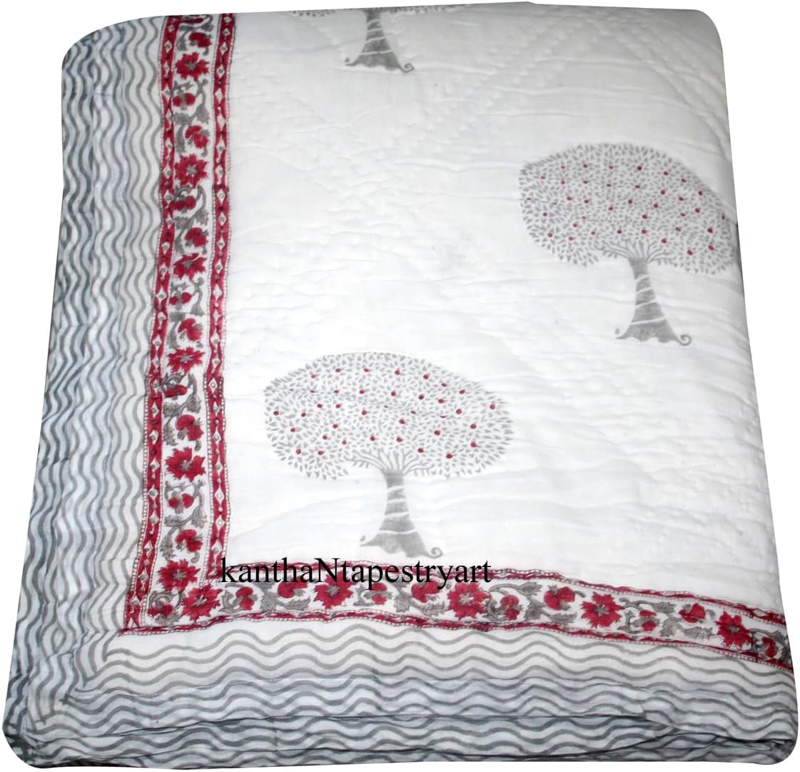 kanthaNtapestryart Pure Cotton Indian Jaipuri Bedspread Cotton Razai, Handmade Stiched Jaipuri Rajai, Jaipuri Quilt Razai - Rajai with Cotton Filling (Twin Size 60x90 Inch)