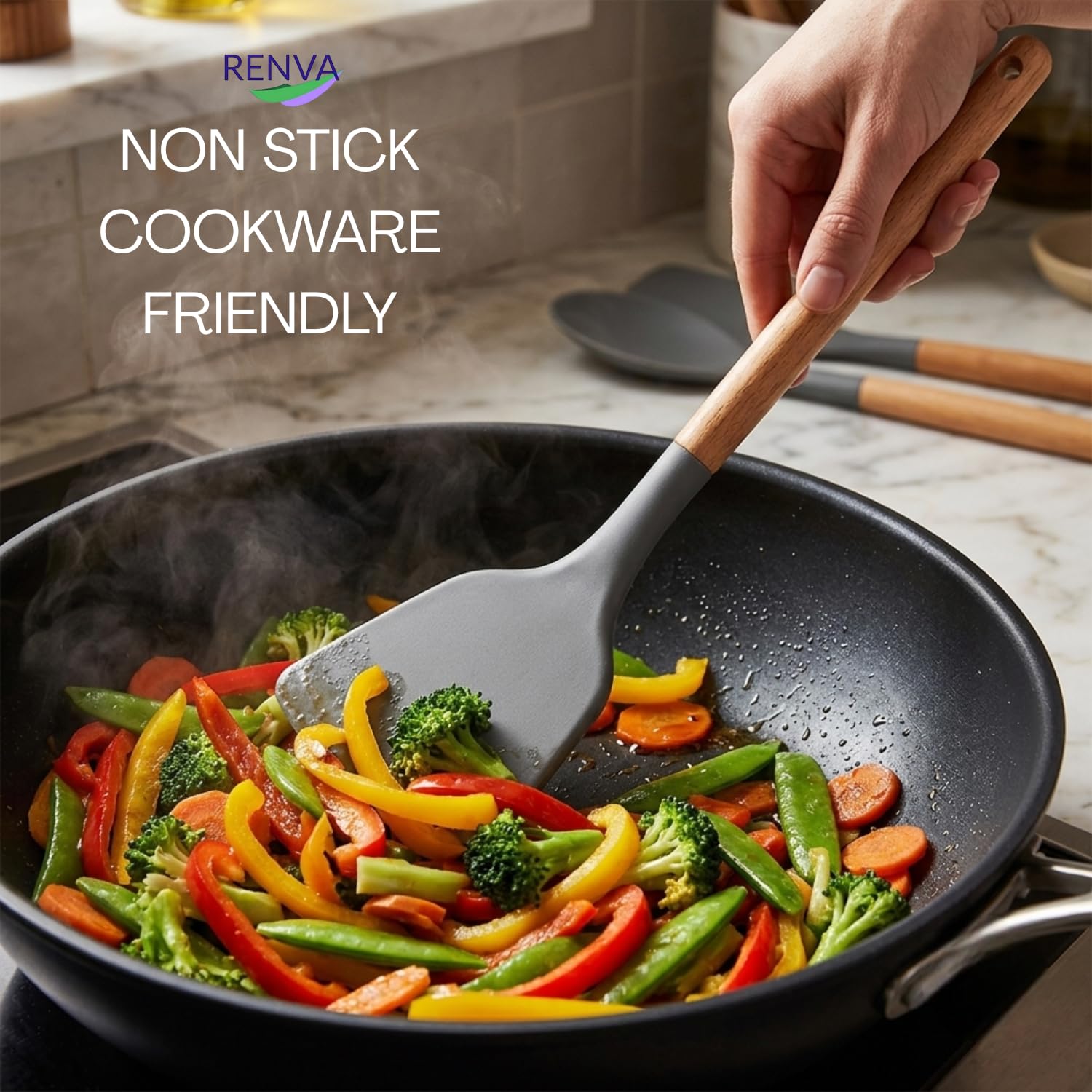 Renva Big Silicone Spatula Set of 3 with Wooden Handle (Grey, 3) thumbnail 5