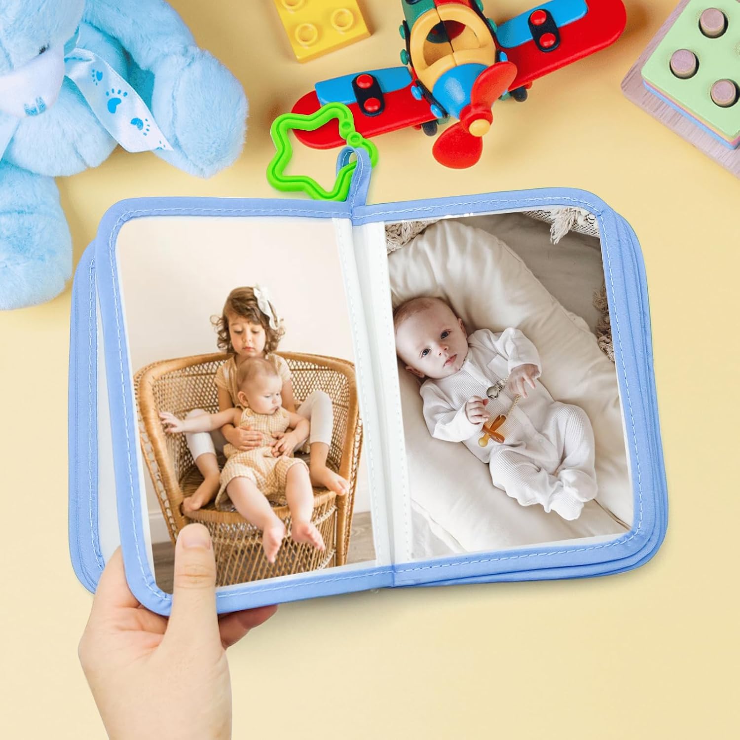 Baby Photo Album Soft Cloth Book - My First Photo Album for Baby with Safe Mirror, Star Themed Photo Album, Holds 17 4x6 Photos, Sensory Baby Memory Book