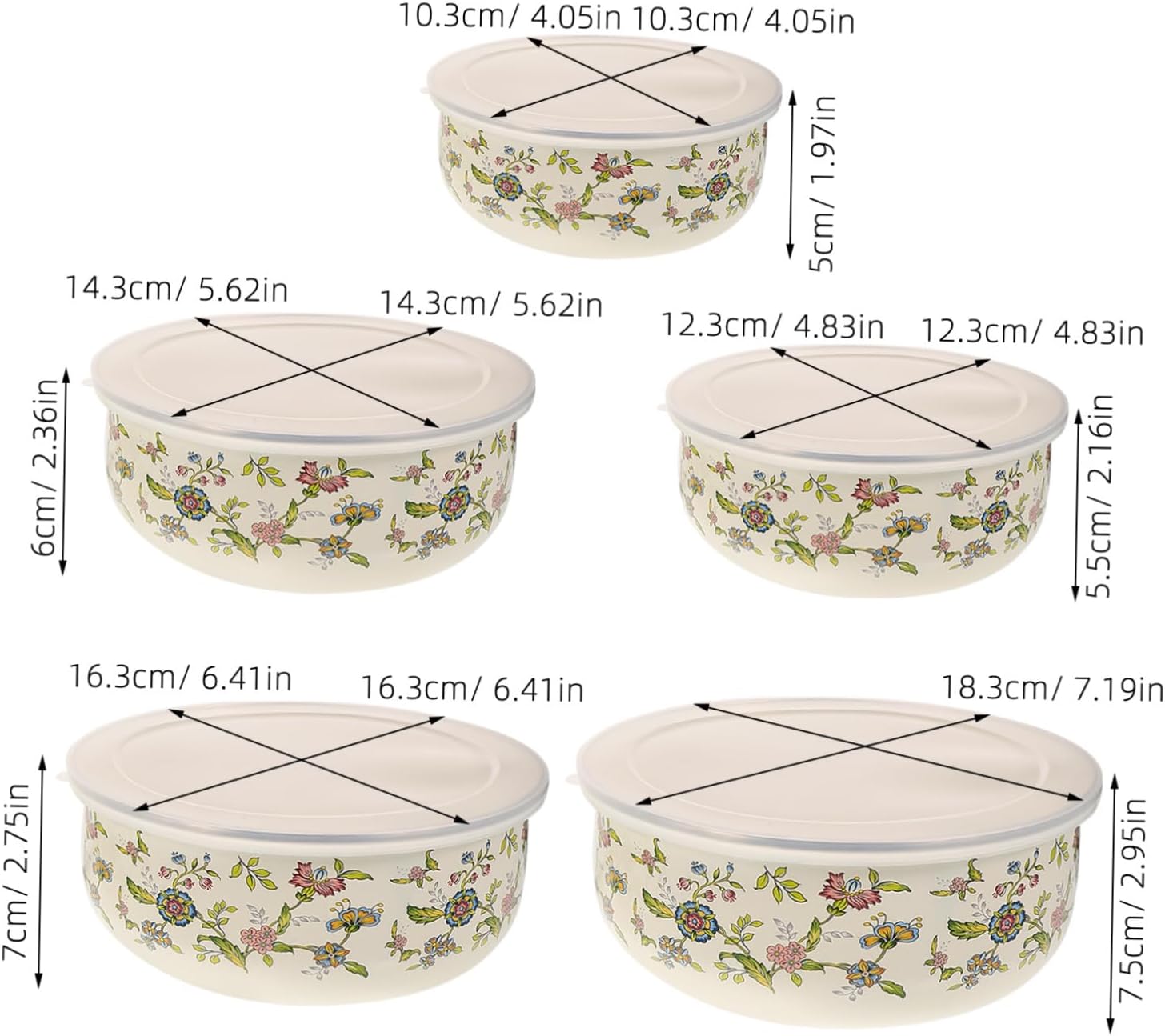 INOOMP 5Pcs Enamel Nesting Bowls with Lids Multi Sized Storage and Mixing Bowls for Salad Fruits and Everyday Kitchen Use Stable Thick Bottoms for Easy Handling