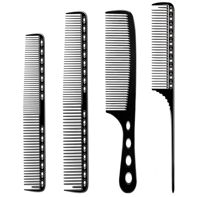 CGBARBER 4 Types Aluminum Hair Combs for Cutting Stainless Steel Hair Tail Metal Comb (Black)
