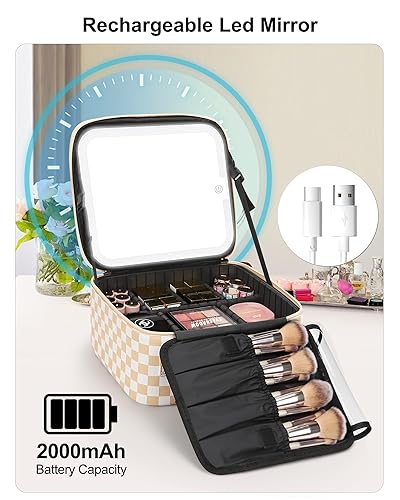 Vista 95 de Relavel Bolsa de maquillaje de viaje con espejo LED, estuche de tren de cosméticos con espejo iluminado, bolsa organizadora portátil para 01-Negro