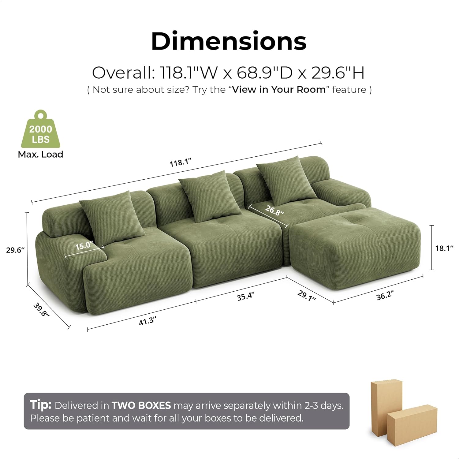 Detailed dimensions of the LIKIMIO LumiCord Modular Sectional Sofa