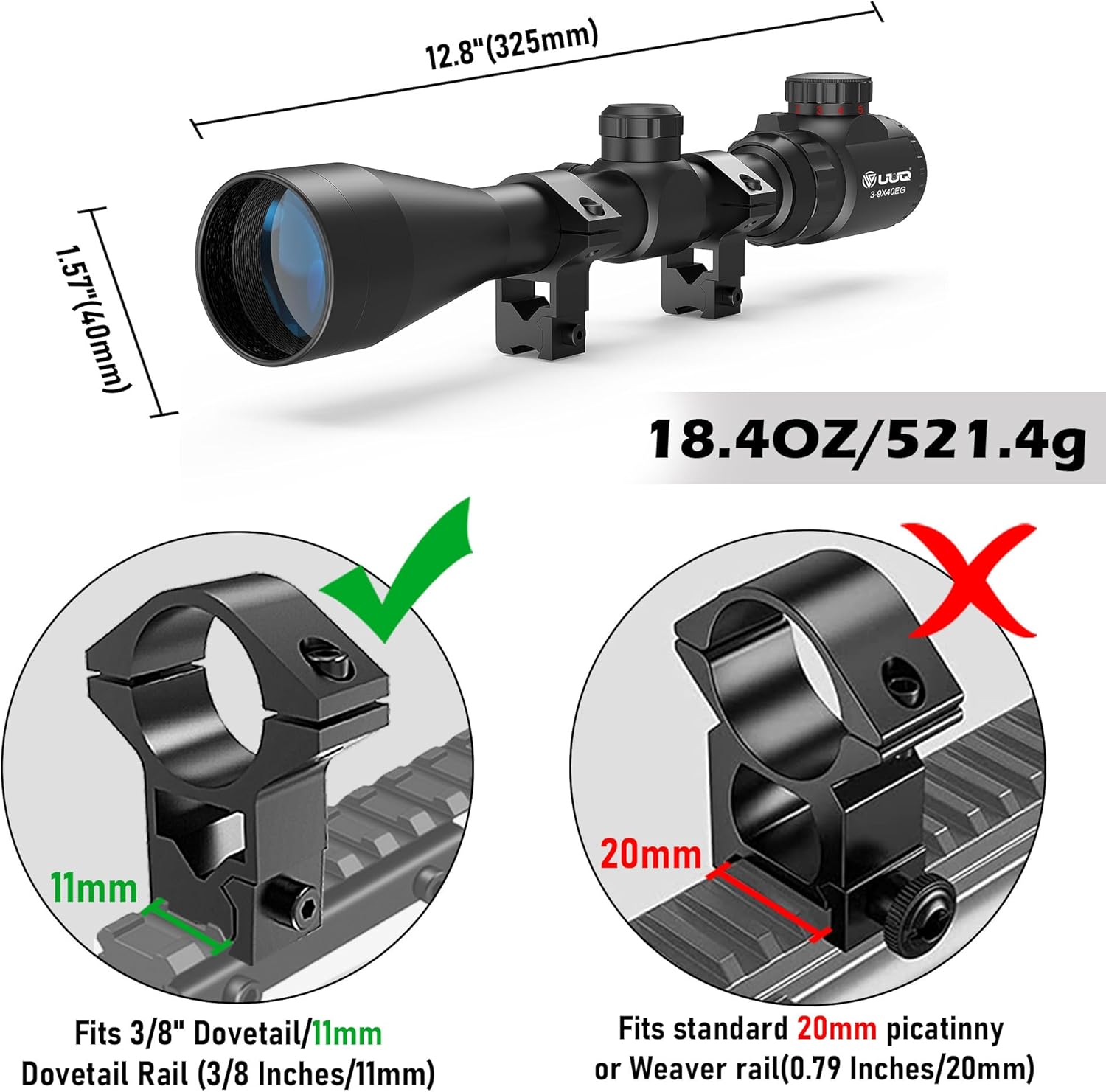 UUQ 3-9×40 Rifle Scope with Red/Green Illumination and Rangefinder Reticle-Includes Batteries,Fits 11mm Free Mounts,Waterproof and Fog-Proof