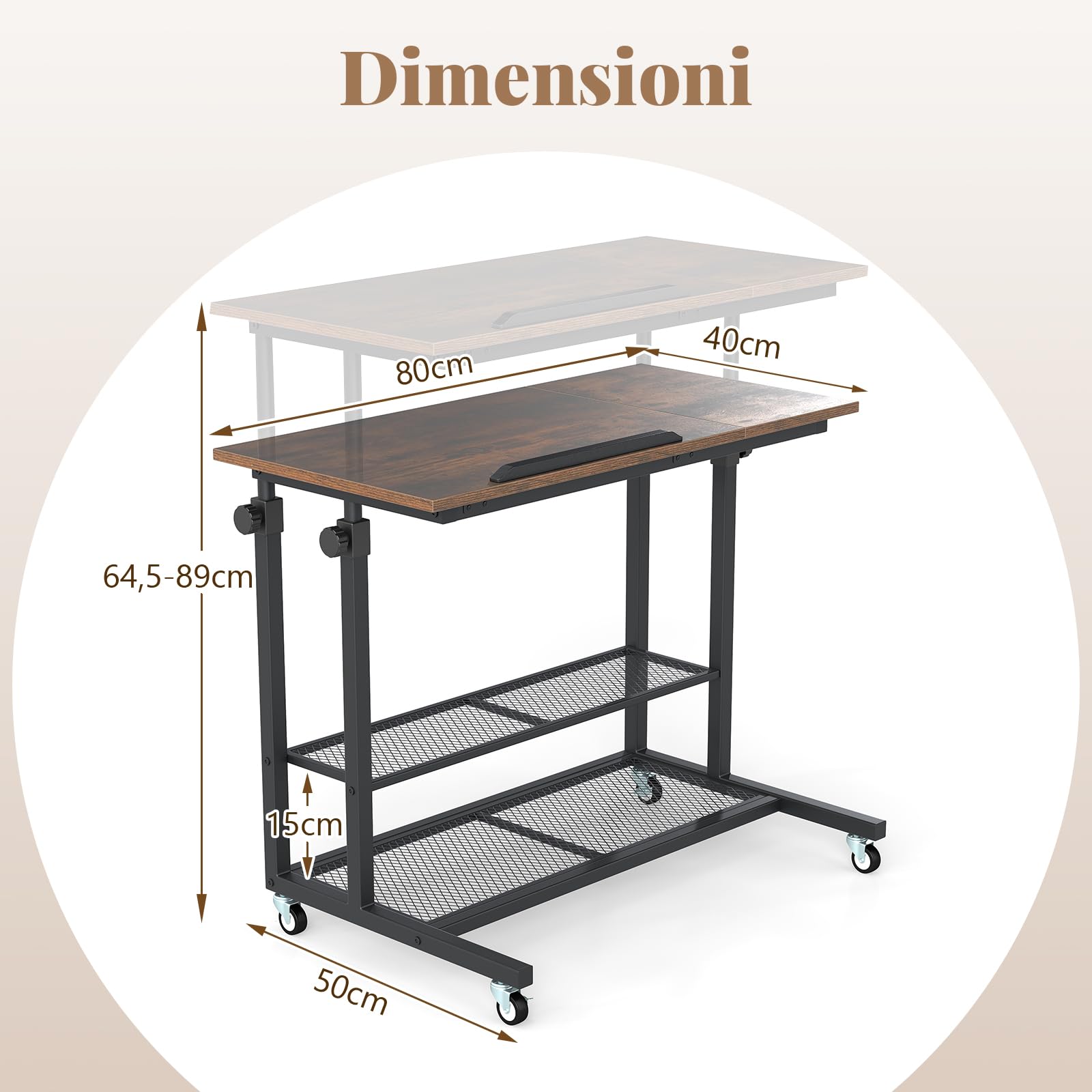 COSTWAY Tavolino da Divano e Letto, Tavolo Regolabile in Altezza con Ruote Bloccabili, Piano Inclinabile e Mensole Portaoggetti, Mobile Versatile per Salotto, Camera da Letto
