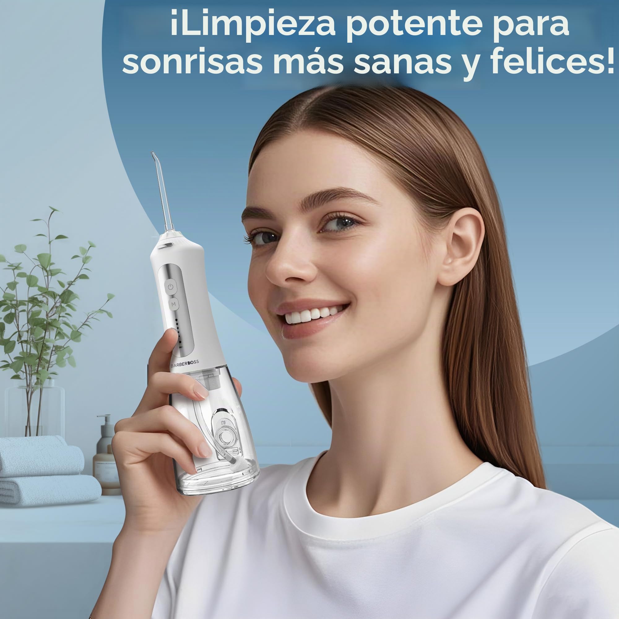 BarberBoss Irrigador bucal recargable para dientes y encías, 5 modos de limpieza, 5 boquillas de chorro, depósito de 300 ml, USB inalámbrico, resistente al agua IPX7 y boquilla de 360°