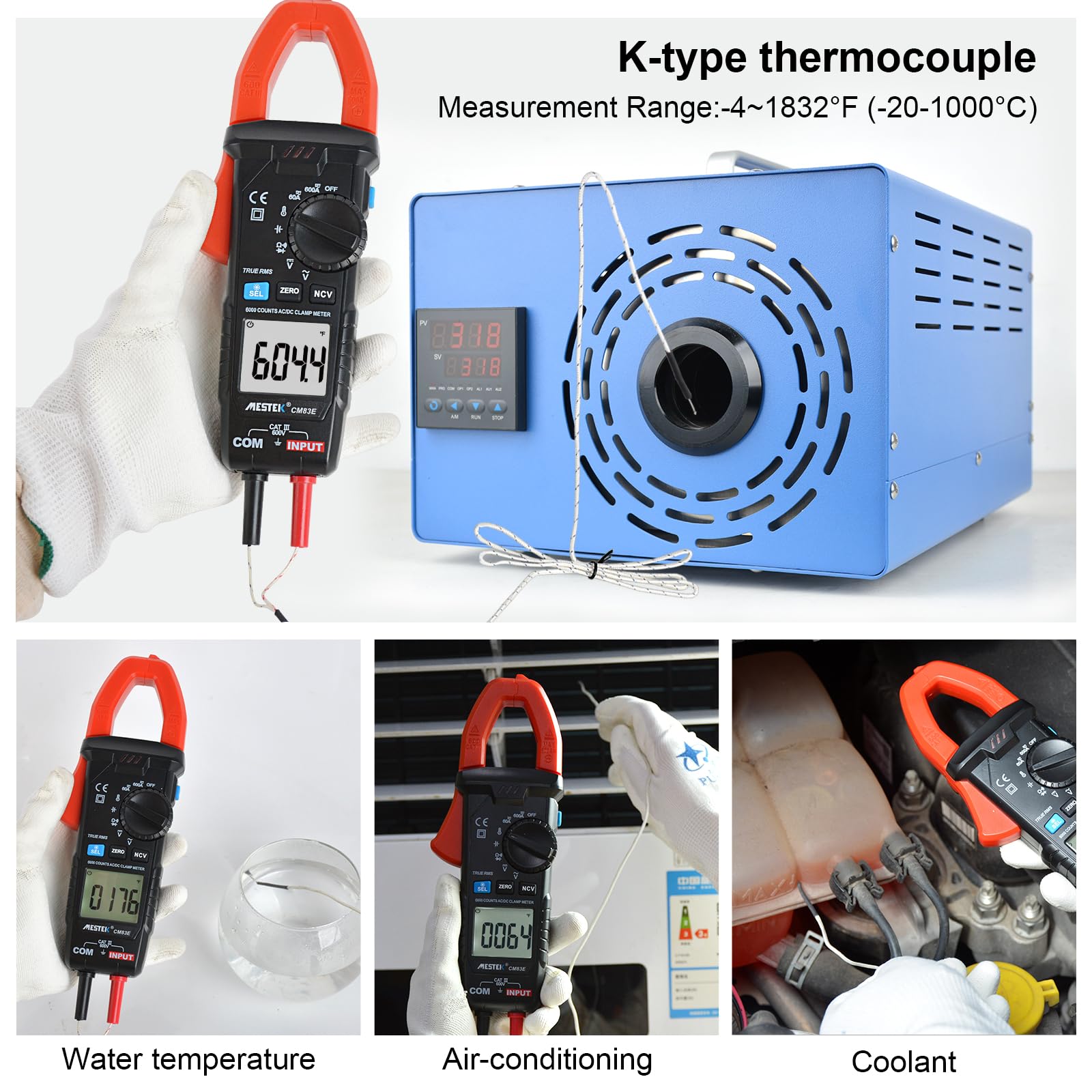 MESTEK Pince Ampèremétrique Numérique AC/DC, 600A Multimètre Automatique T-RMS 6000counts, Voltmètre Amperemetre Mesure Courant Tension Résistance Température Diode Continuité Hz Capacité NCV