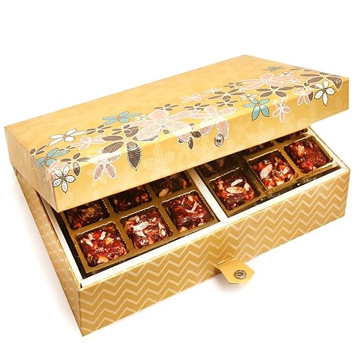 Ghasitaram Gifts Diwali Gifts Sugarfree Sweets- Gold 4 Print 24 Pcs Sugarfree Dates and Figs Bites Box