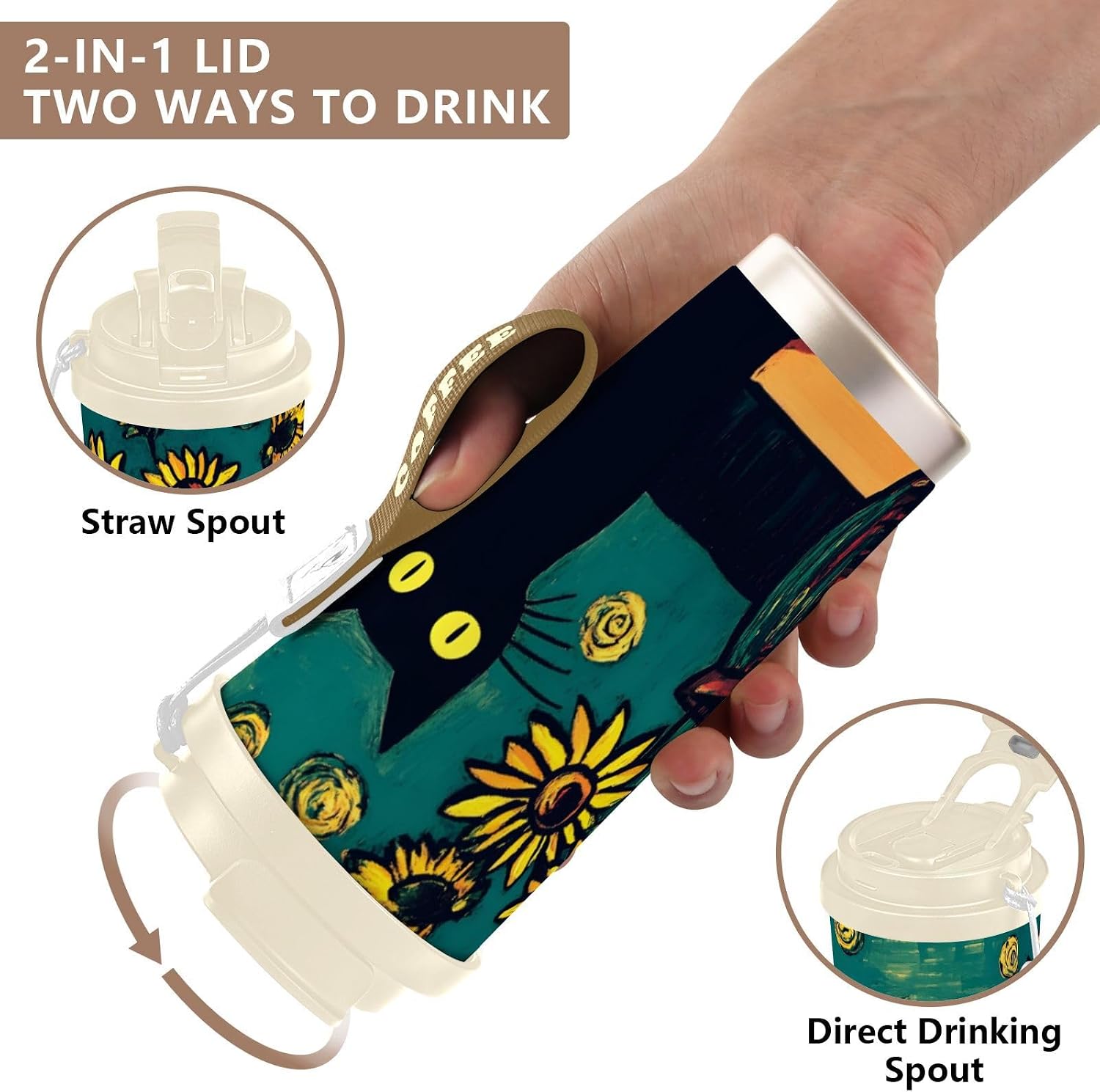 Cat Sunflower Black Insulated Coffee Mug with Straw & Flip Lid, 16.9oz Iced Tumbler Cup, Double Wall Vacuum Leak-Proof Mug for Travel Office