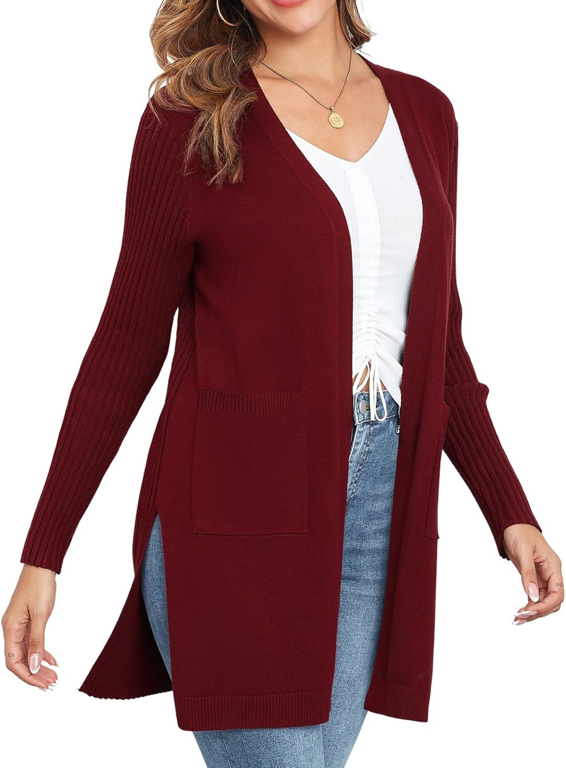 Women's Cardigan Sweaters V-Neck Long Sleeves with Two Pockets Side Split Hem Open Front Knit Casual Cardigan - Image 3