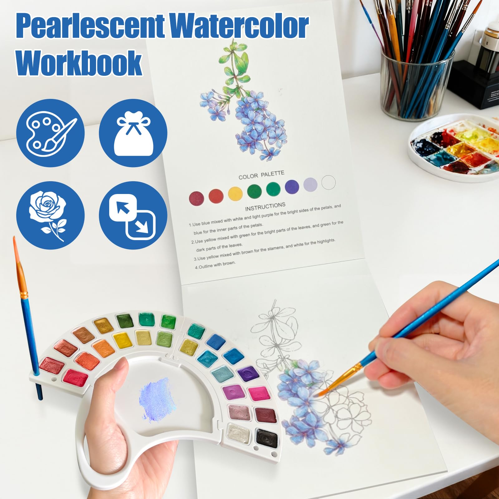 Aquarell-Arbeitsbuch, Wassermalbuch mit 13 Seiten, 300 g/m² Papier, 26 Farben, Aquarellfarben-Set mit Pinsel und Aufbewahrungstasche, Anfängerfreundliches Malbuch für Erwachsene