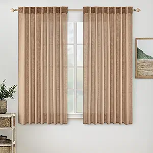 MIULEE Light Brown Short Linen Curtains 45 Inch Length 2 Panels for Kitchen Bedroom Bathroom, Soft Thick Linen Textured Basement Window Drapes Semi Sheer Light Filtering Back Tab Burlap Look Decor