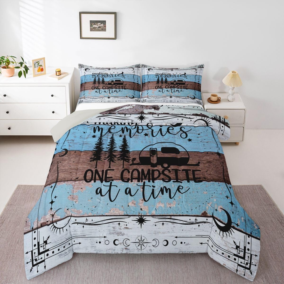 Erosebridal Happy Camping Comforters Set Queen Size, Rv Camper Quilt for Kids Teens Adult Bedroom, Rustic Farmhouse Bedding Set Vintage Old Barn Door Quilted Duvet 3 Pieces with 2 Pillow Cases