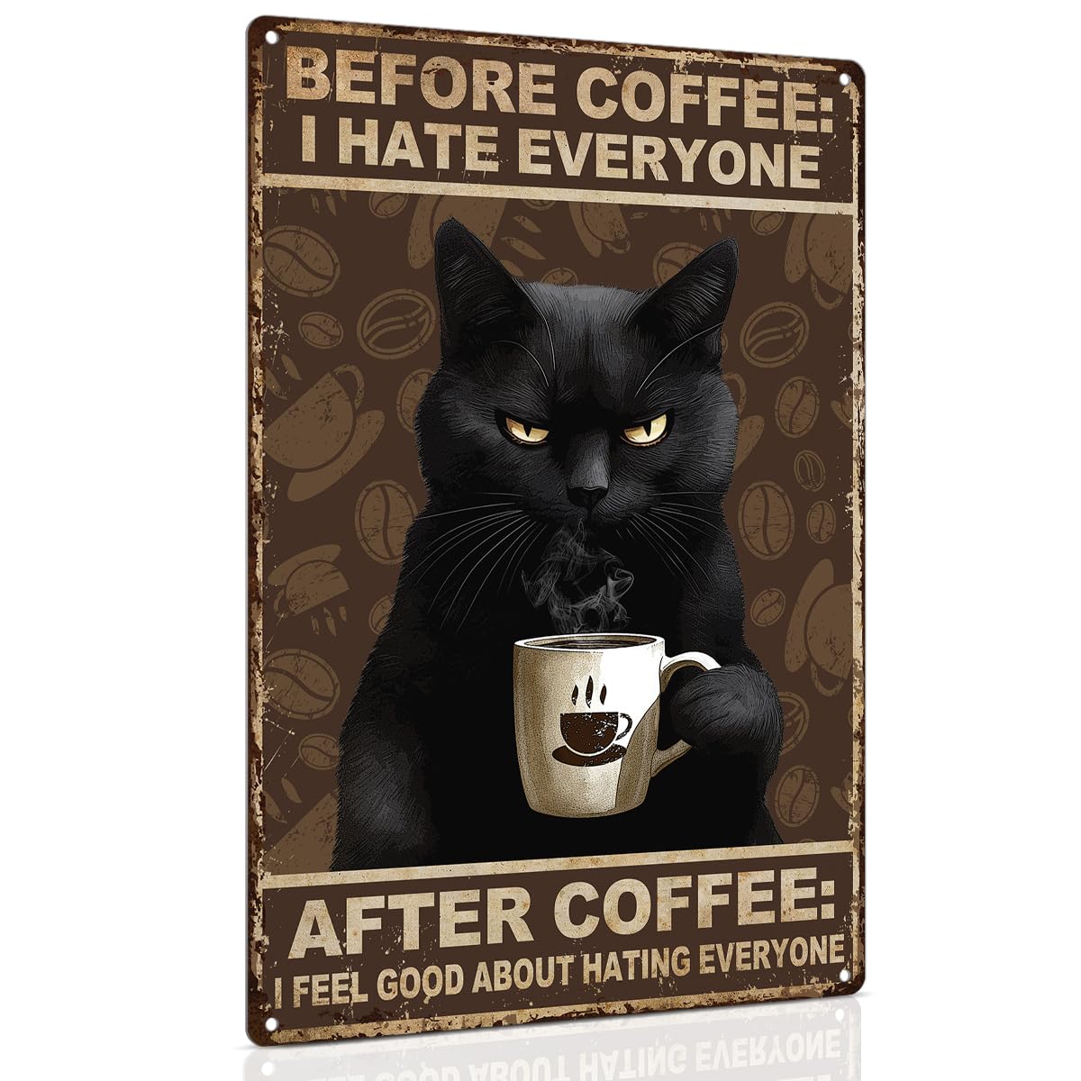 ALKB Funny Black Cat Sign, Vintage Coffee Sign - Before Coffee I Hate Everyone Wall Decor, 8x12 Inch