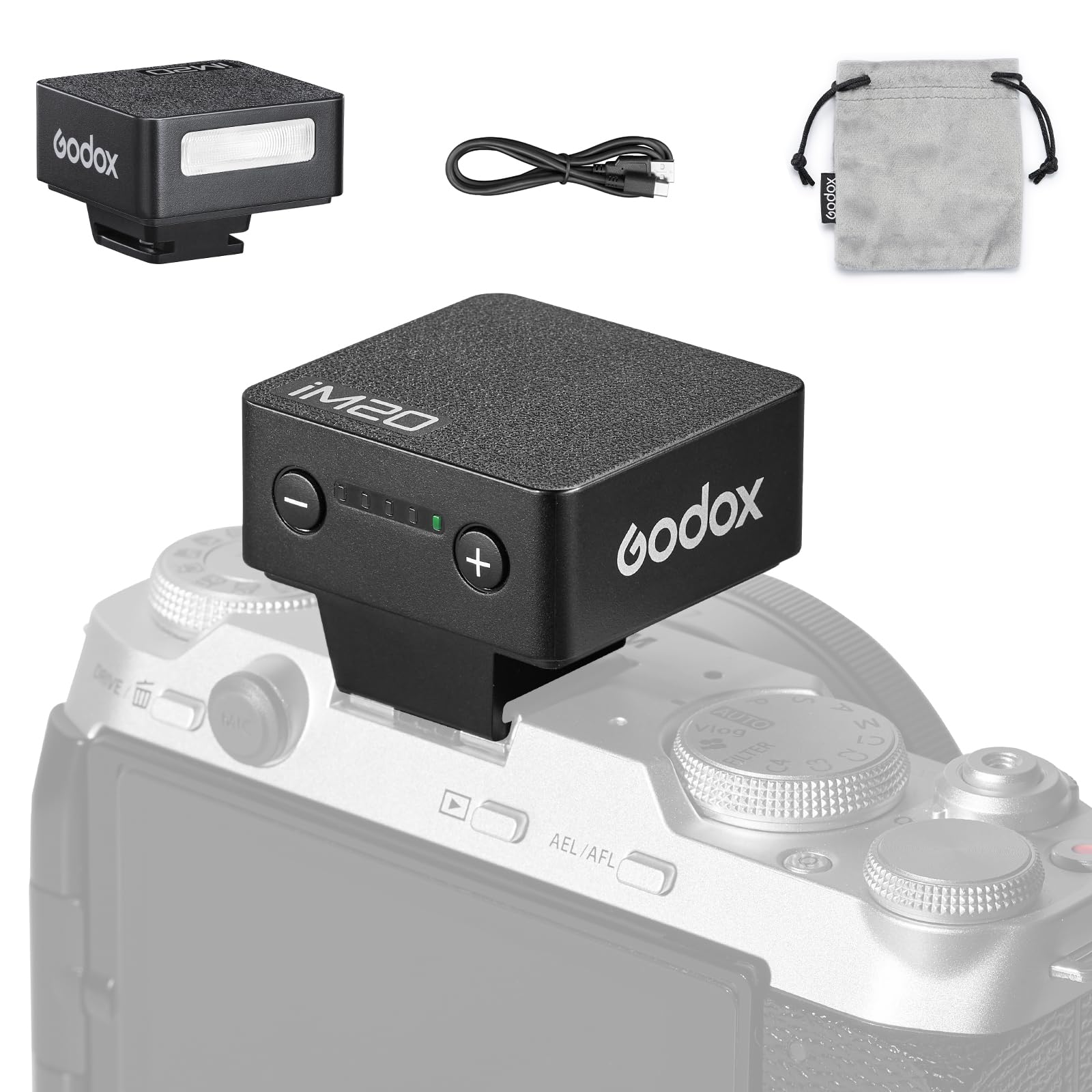 GODOX iM20 - Mini flash per fotocamera, 5 livelli di potenza, 6000 K ± 200 K 440 Flash Full-Power Godox im20 Mini Flash per Canon Sony Nikon Fuji Olympus