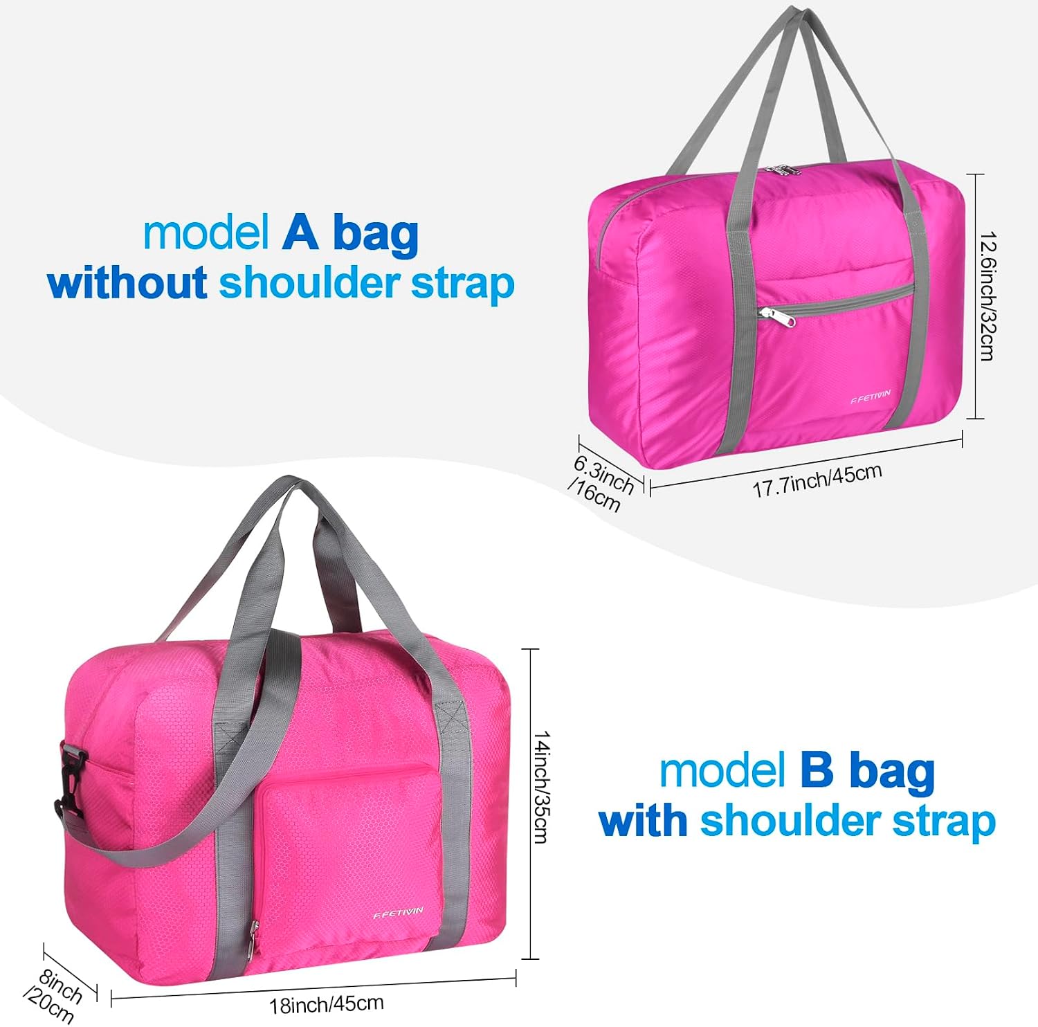 F.FETIVIN Personal item travel bag 17.7x12.6x6.3 for Spirit Airlines Lightweight carry on duffle bag for Gym,Sports,Vacation(Hot Pink)