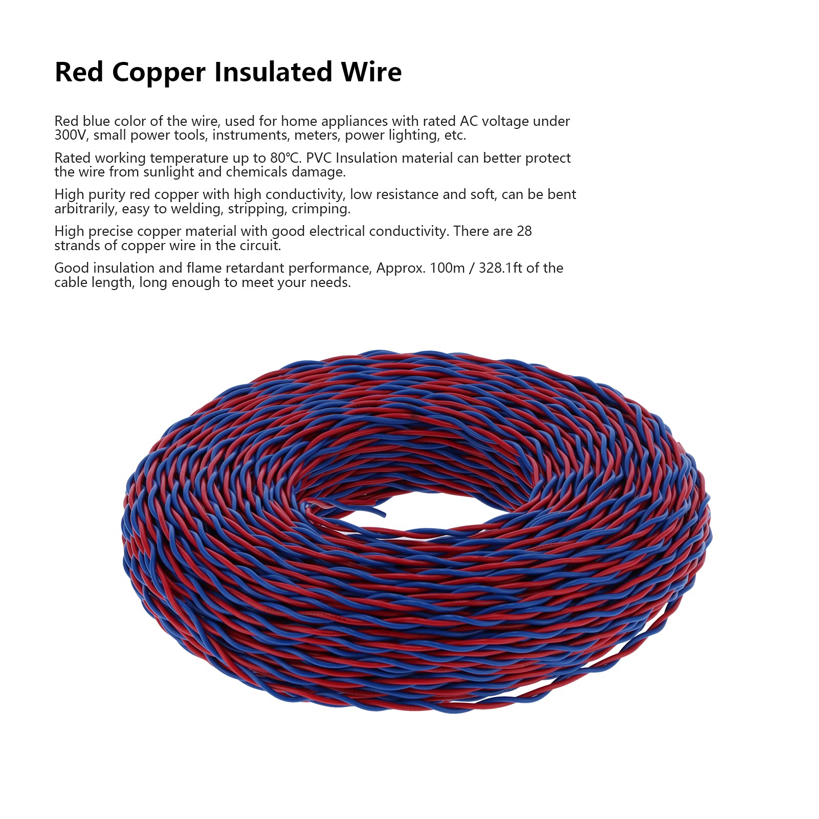 Oumefar Cable Aislado de 28 Núcleos, Revestimiento de PVC Rojo y Azul para Electrodomésticos, Conductor Eléctrico Flexible AC300V de 100m