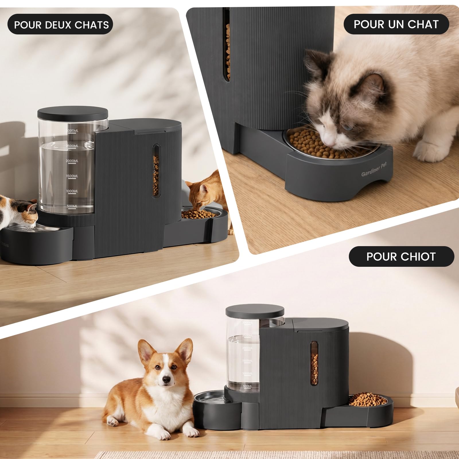 Gardner Pet 2-en-1 Distributeur Croquette Eau Chat Automatique 3Lx2 Gris | Distributeur par Gravité Non Électrique, Gamelle Acier Inoxydable, Sans BPA Angle Réglable, Tiroir Rétractable, Chat Chien