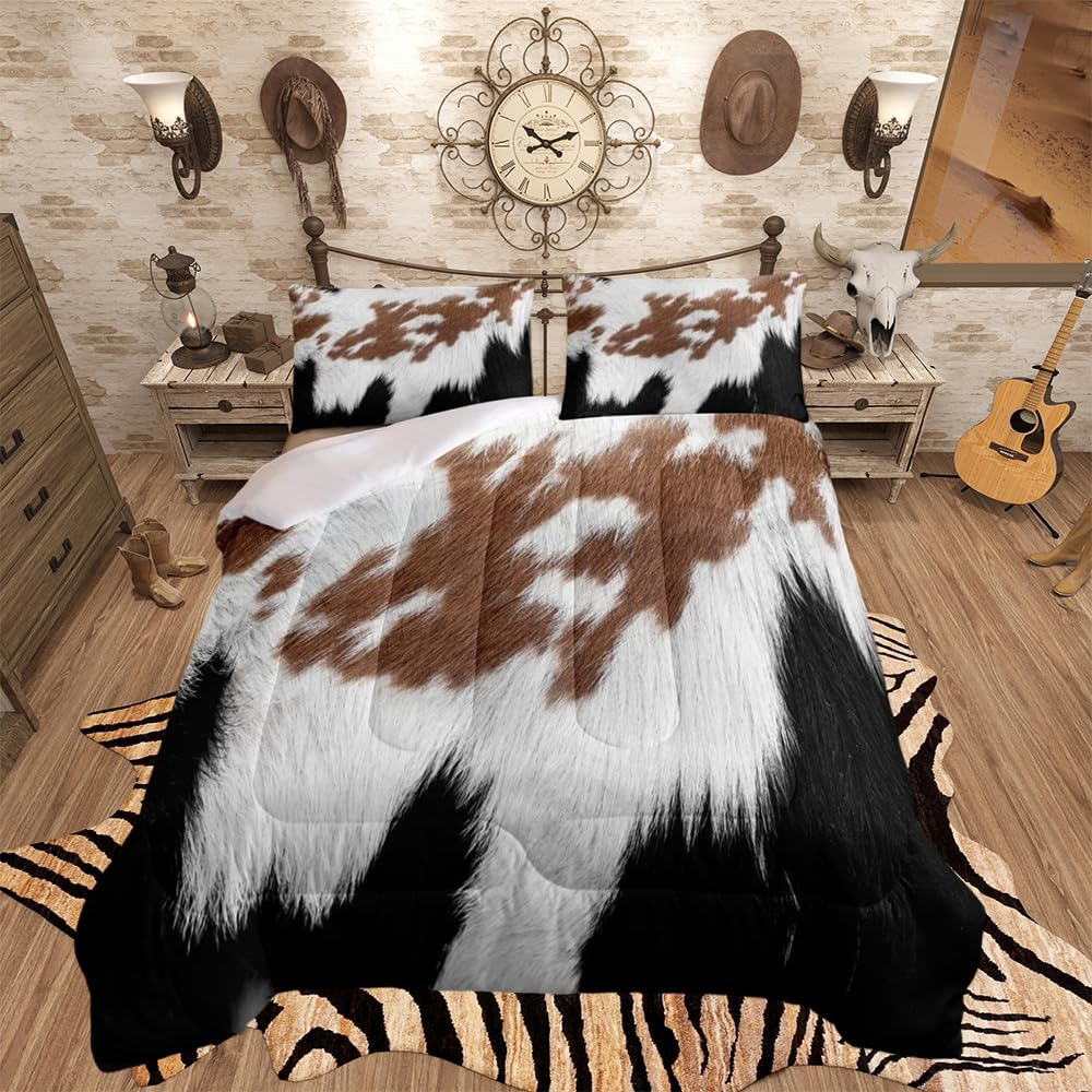 Loussiesd Cowhide Print Quilted Bed Farmhouse Cowhide Winter Summer Bedspread Cowhide Bedspread Double For Kids Adults Cowhide 3D Animal Ultra Soft โ image 1