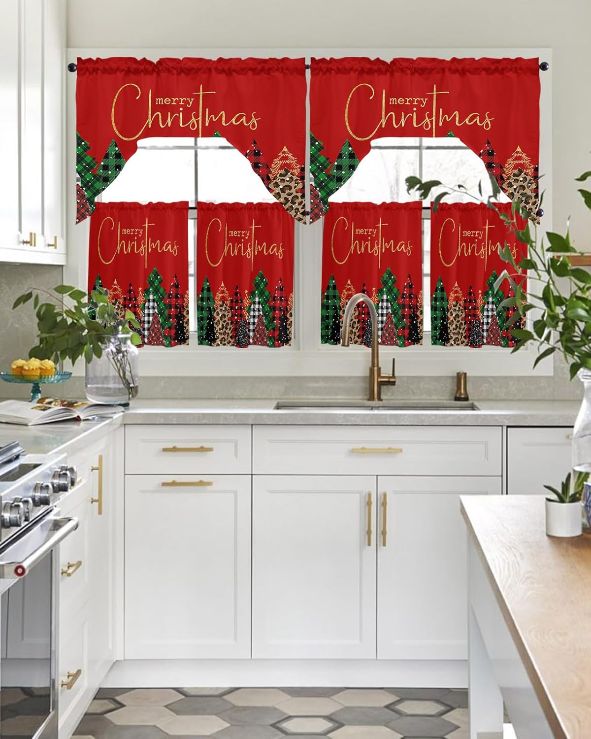 Christmas Tree Swag Kitchen Curtain Sets with Valance,3 Pieces Rod Pocket Curtain Drapes for Bedroom Living Room Bathroom Windows,Red Buffalo Plaid Green Leopard Dot 56''x36'' & 24''x27.5''x2Panels