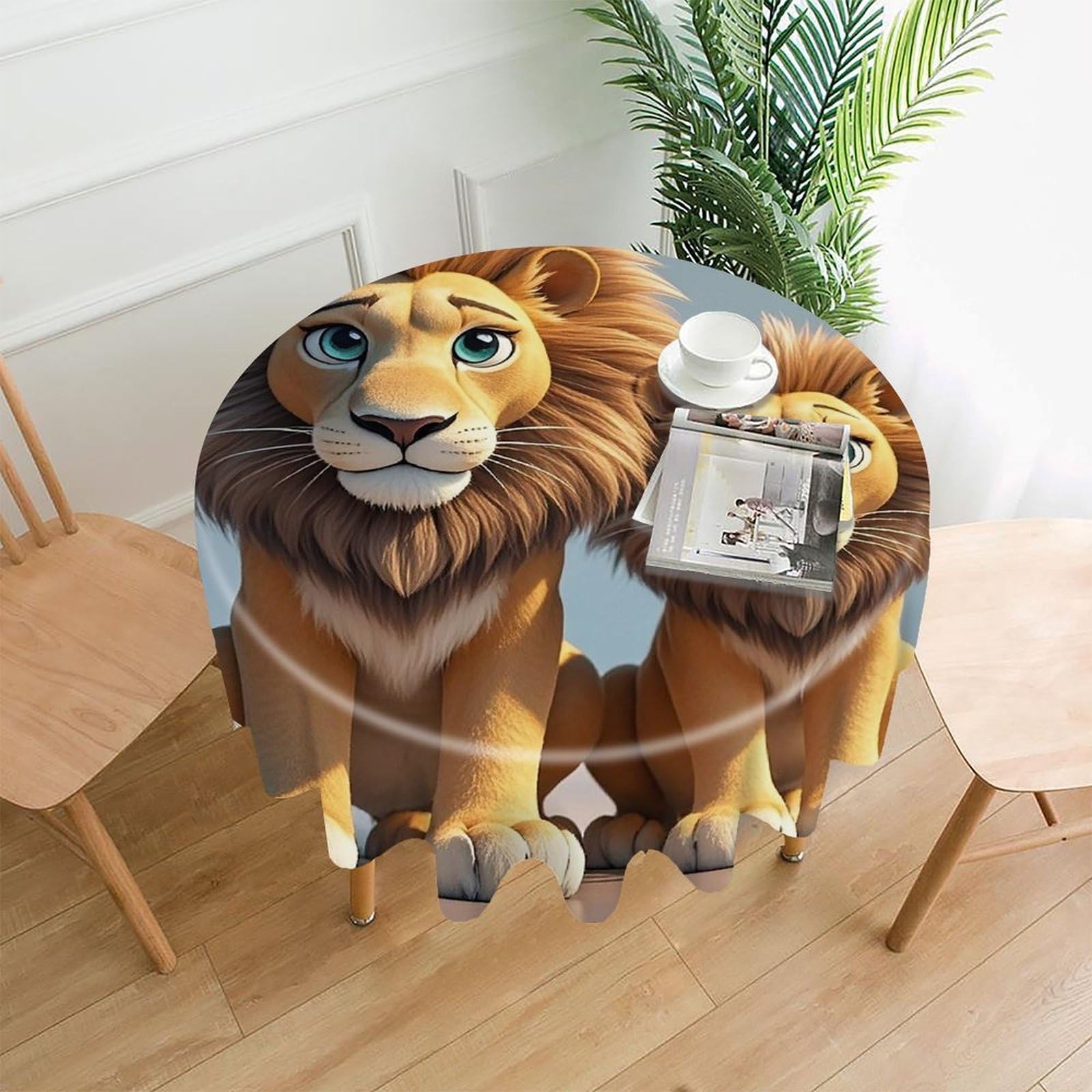FekiLoot Two Lions Tablecloth Decorative Round Table Cloth Wrinkle Resistant Washable Circle Table Cover Round Tablecloth for Picnic Party Camping Dining 60 Inch