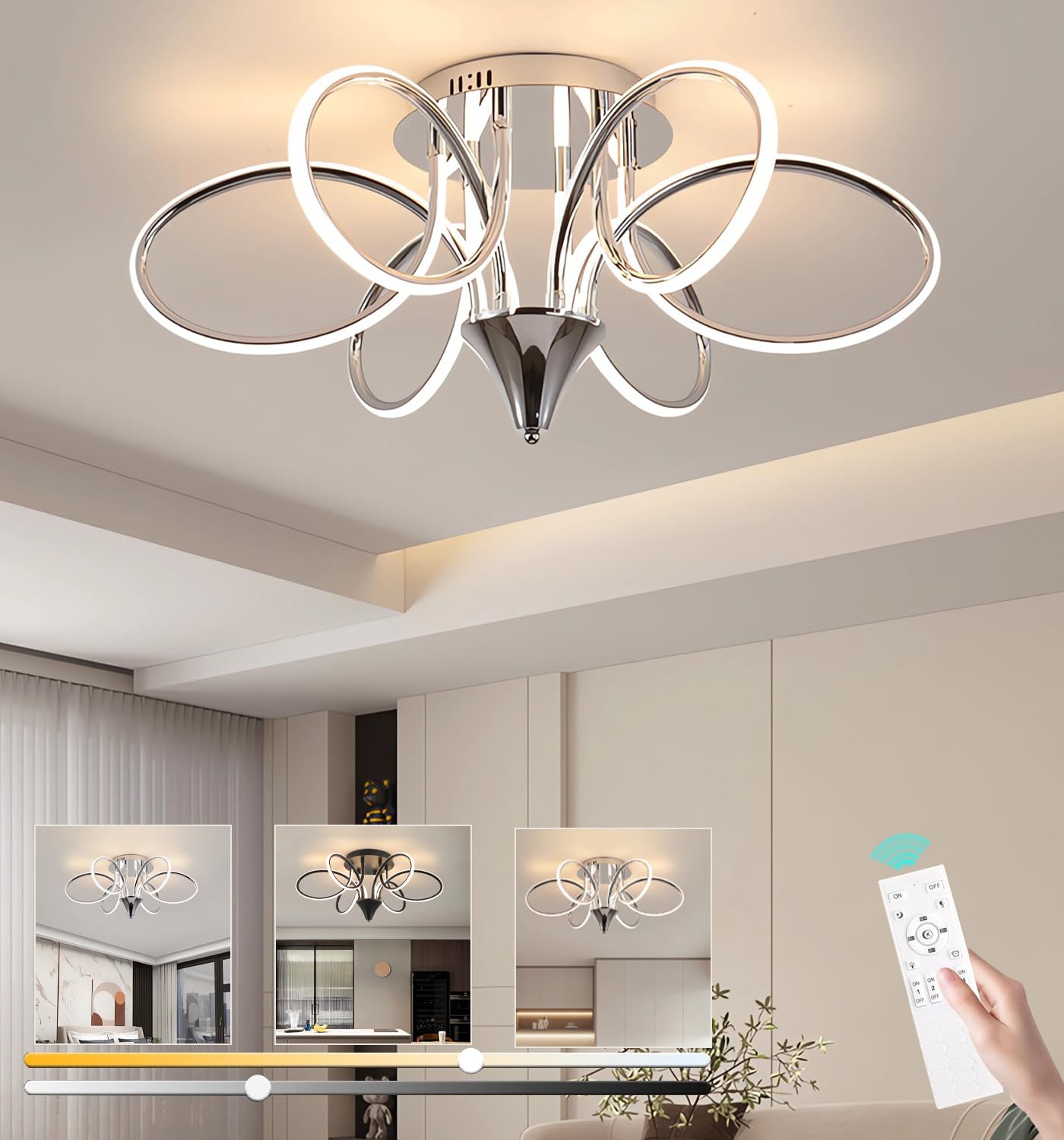 Moderne LED Deckenleuchte 90W Nordische Deckenbeleuchtung Dimmbare Wohnzimmer Deckenleuchten Esszimmer Kronleuchter mit Fernbedienung Schlafzimmer Hängende Deckenlampe (Chrom, Φ75cm)